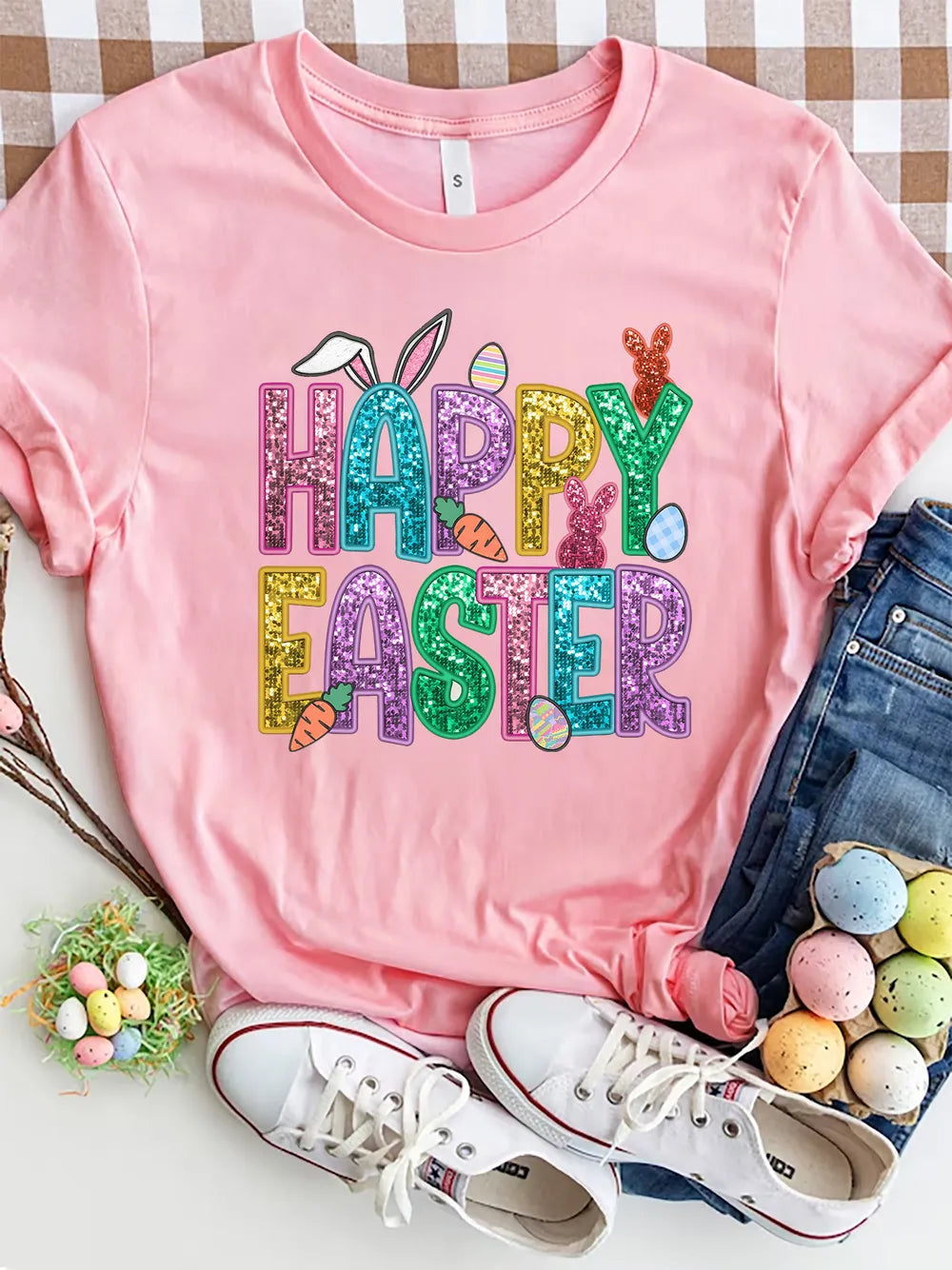 HAPPY EASTER Round Neck Short Sleeve T-Shirt nicholesgifts