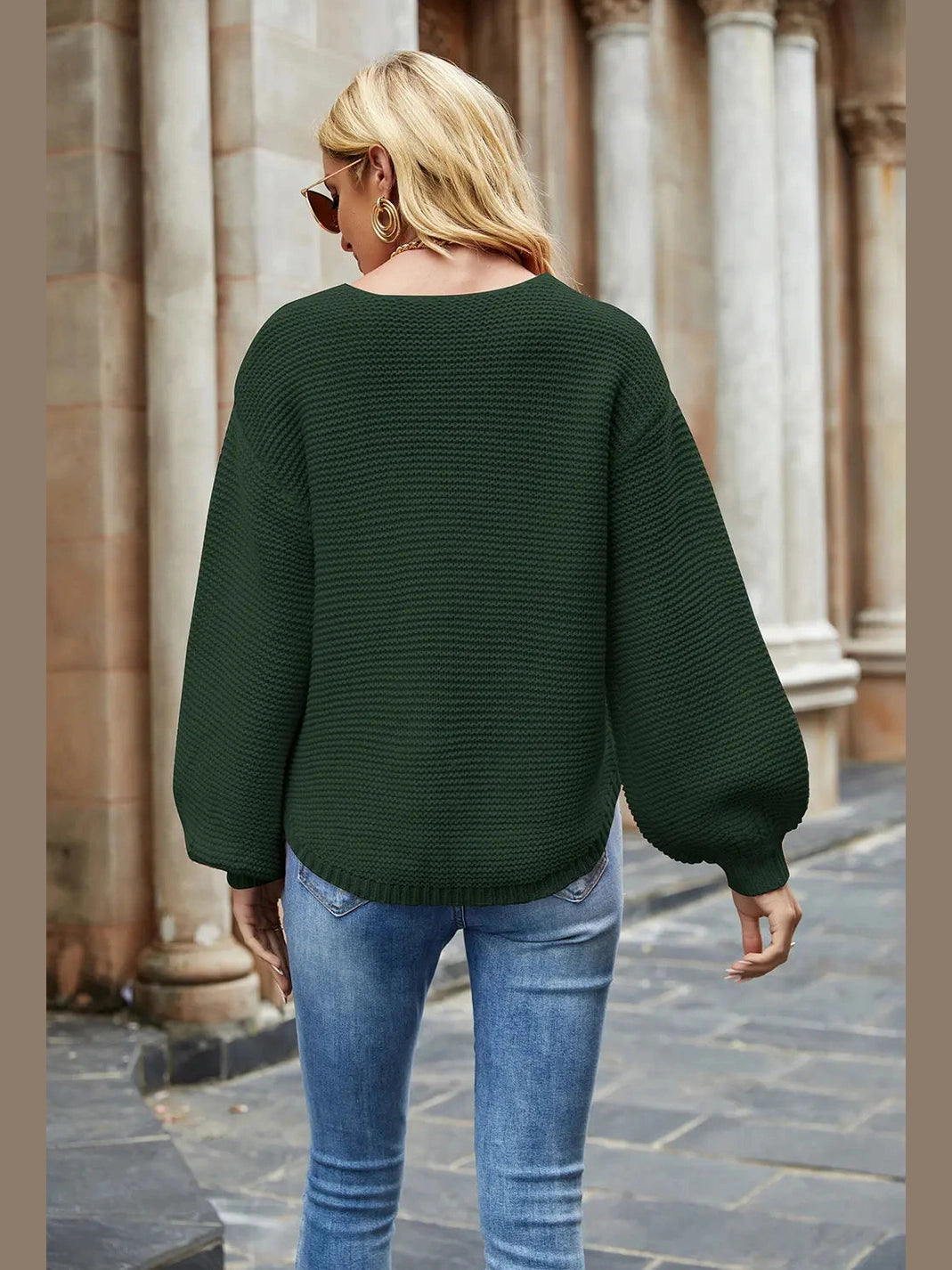 Round Neck Lantern Sleeve Sweater Trendsi