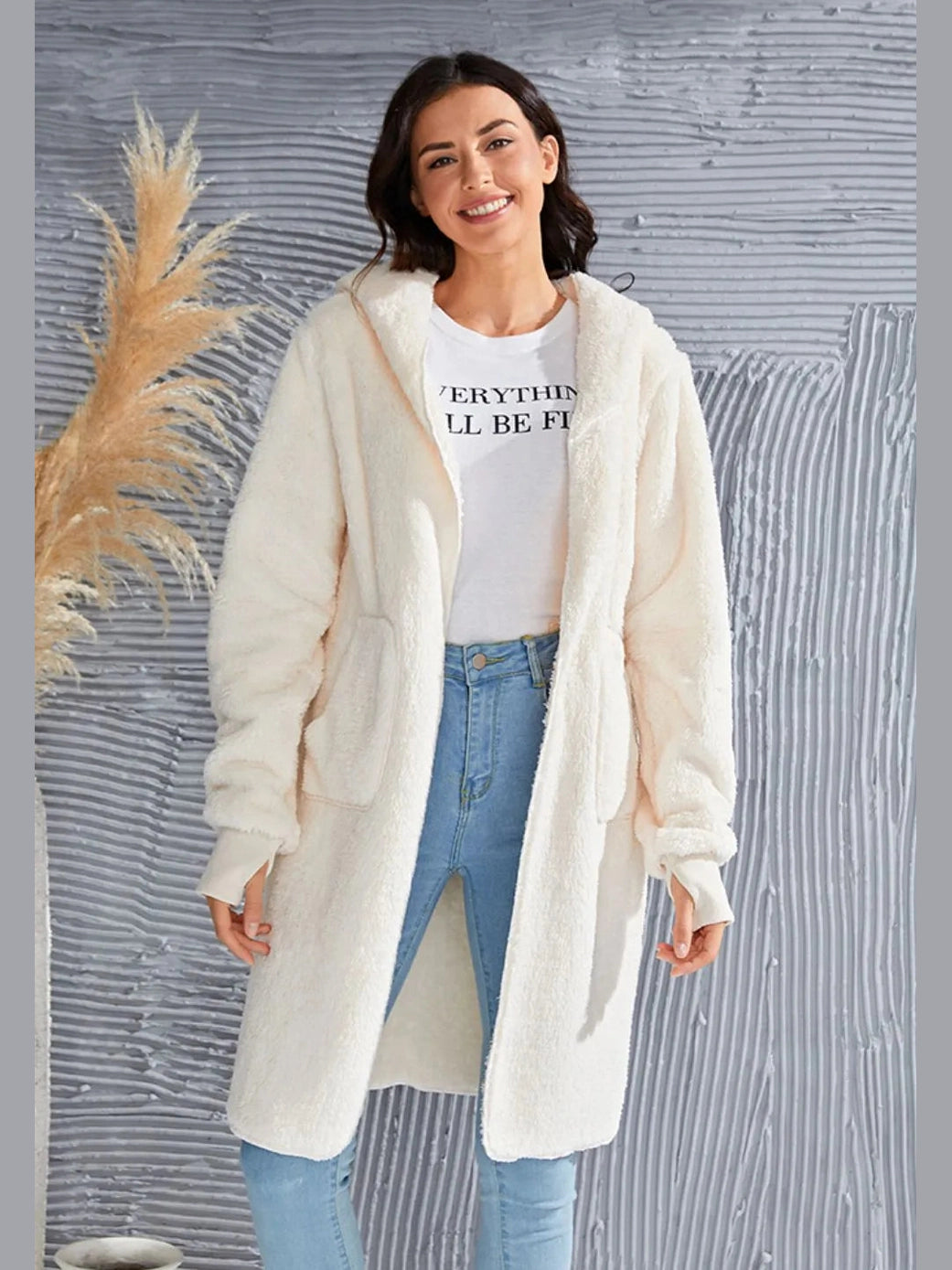 Double Take Full Size Hooded Teddy Bear Jacket with Thumbholes nicholesgifts