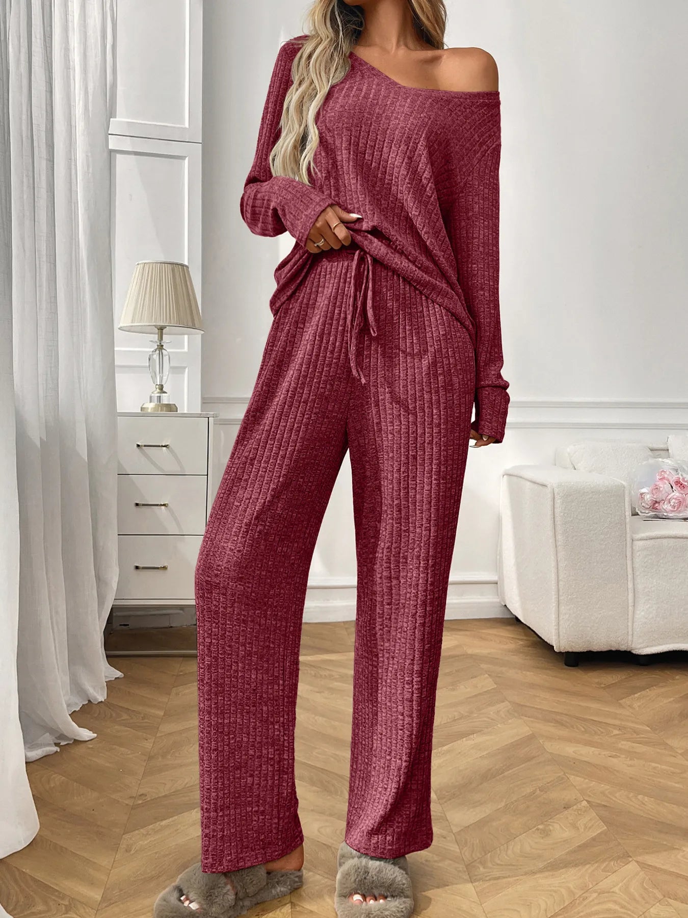 Ribbed Long Sleeve Top and Pants Lounge Set nicholesgifts