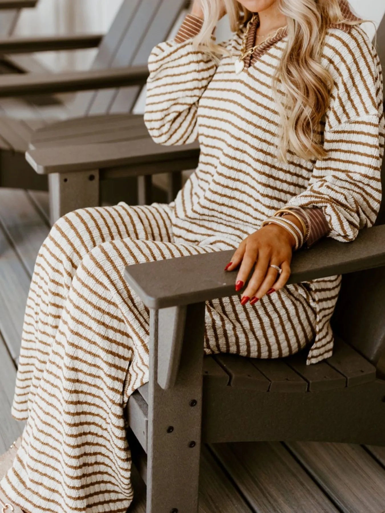 Stripe Collared Top and Drawstring Pant Set Trendsi
