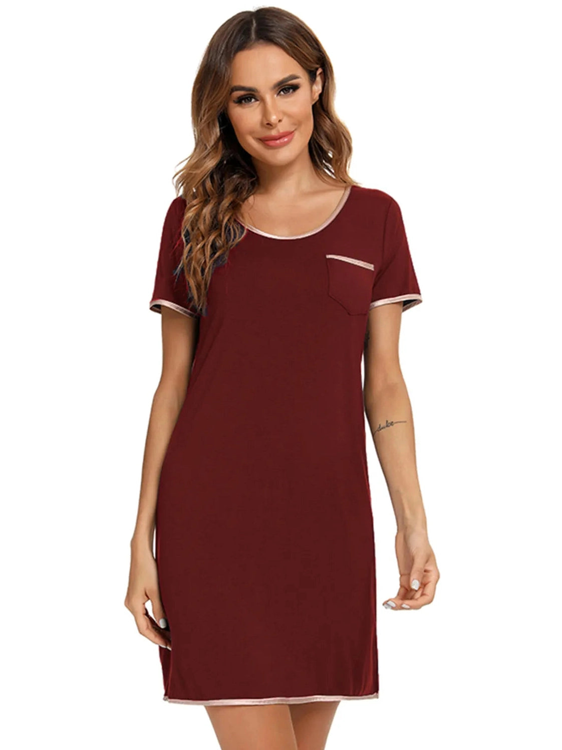 Contrast Trim Pocketed Round Neck Lounge Dress nicholesgifts