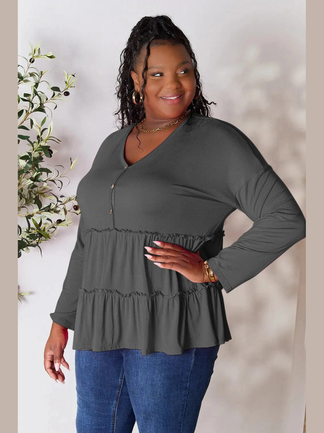 Double Take Half Button Long Sleeve Ruffle Hem Blouse nicholesgifts