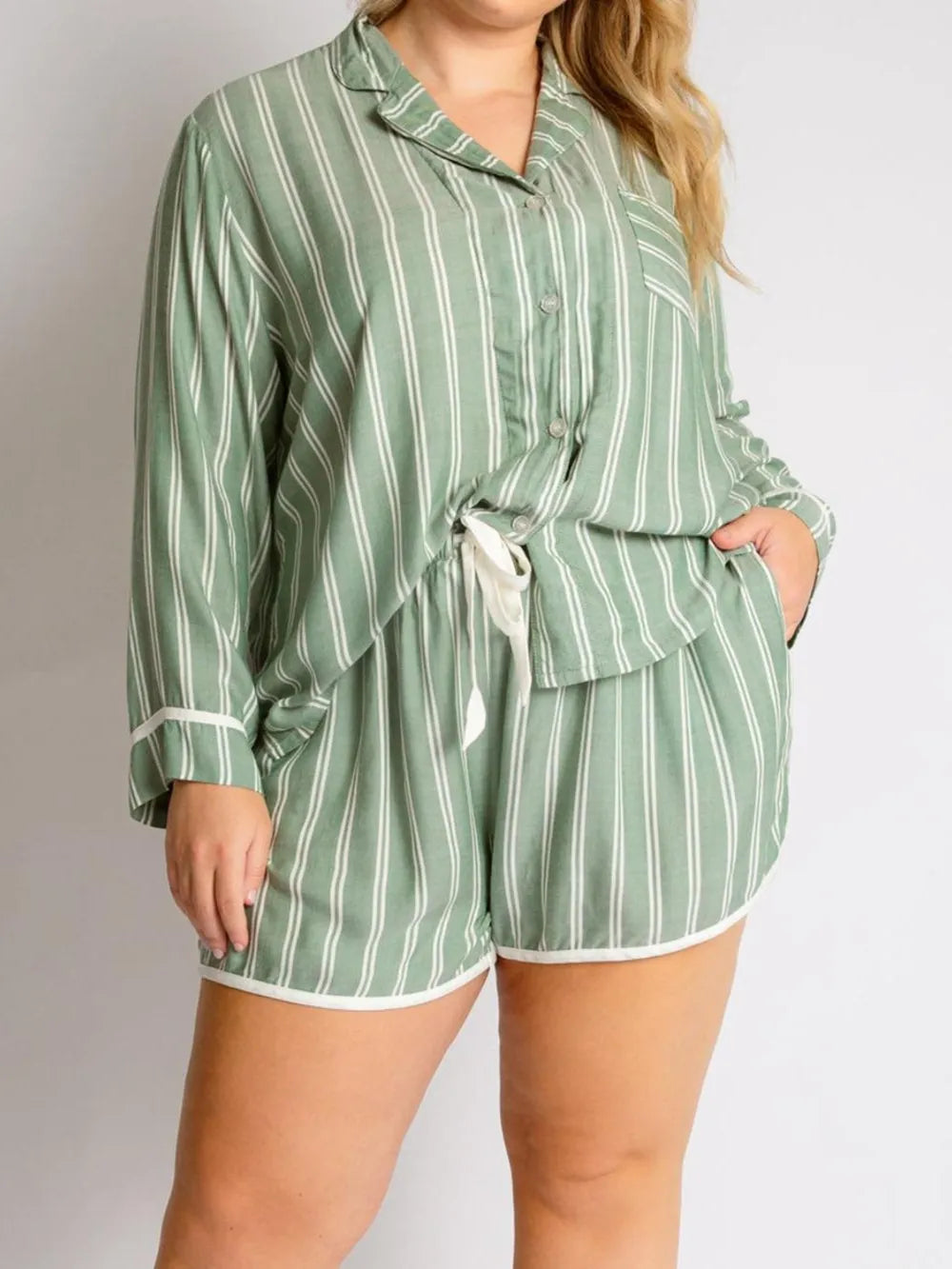 Striped Collared Neck Long Sleeve Top and Shorts Lounge Set nicholesgifts