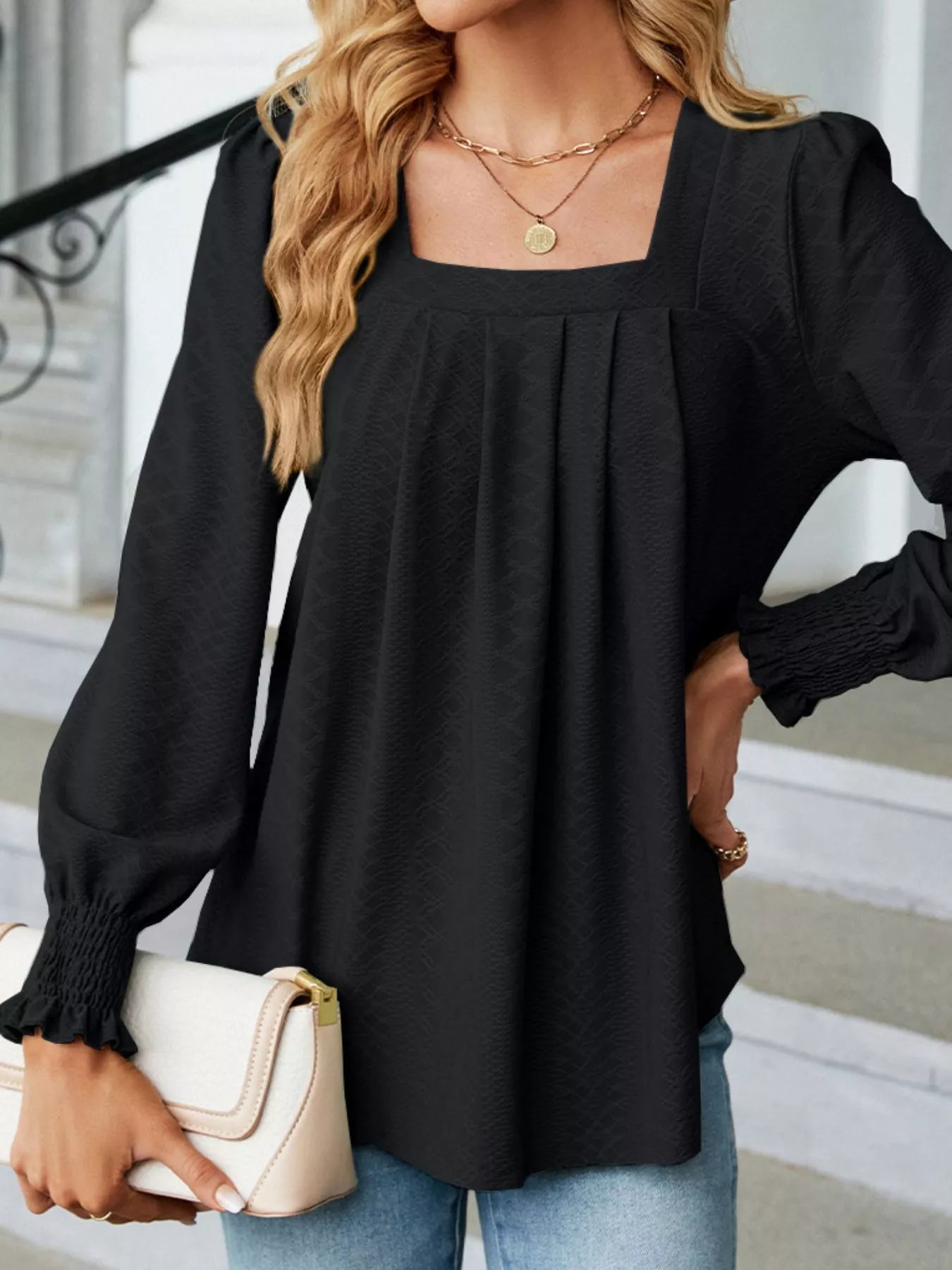 Pleated Square Neck Long Sleeve Top Trendsi