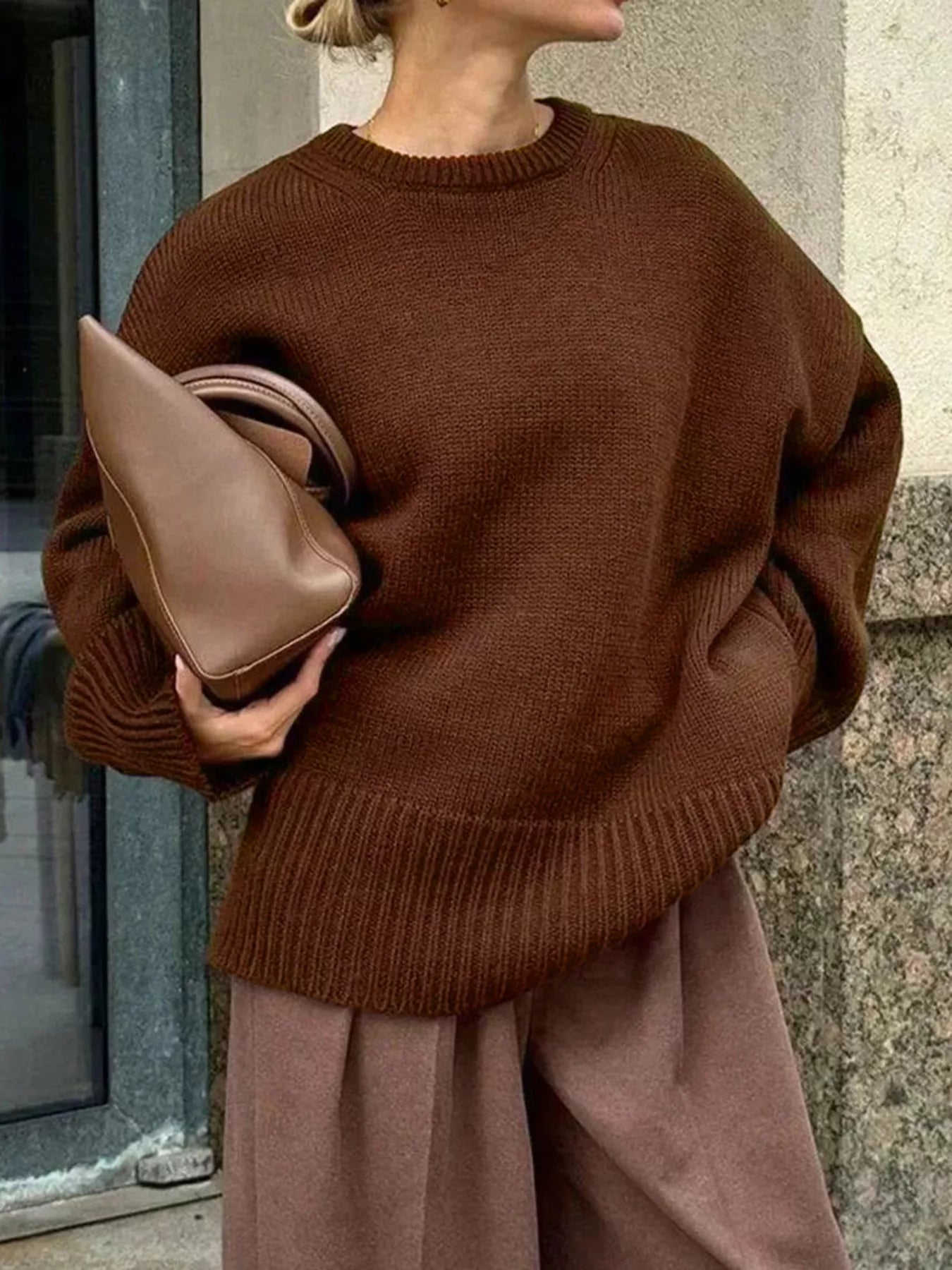 Ribbed Hem Round Neck Sweater