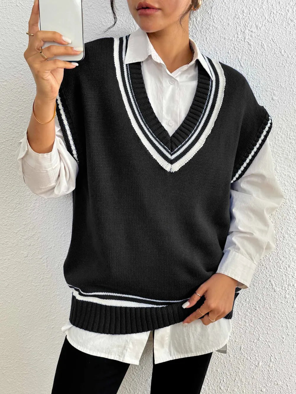 Contrast Trim V-Neck Sweater Vest nicholesgifts