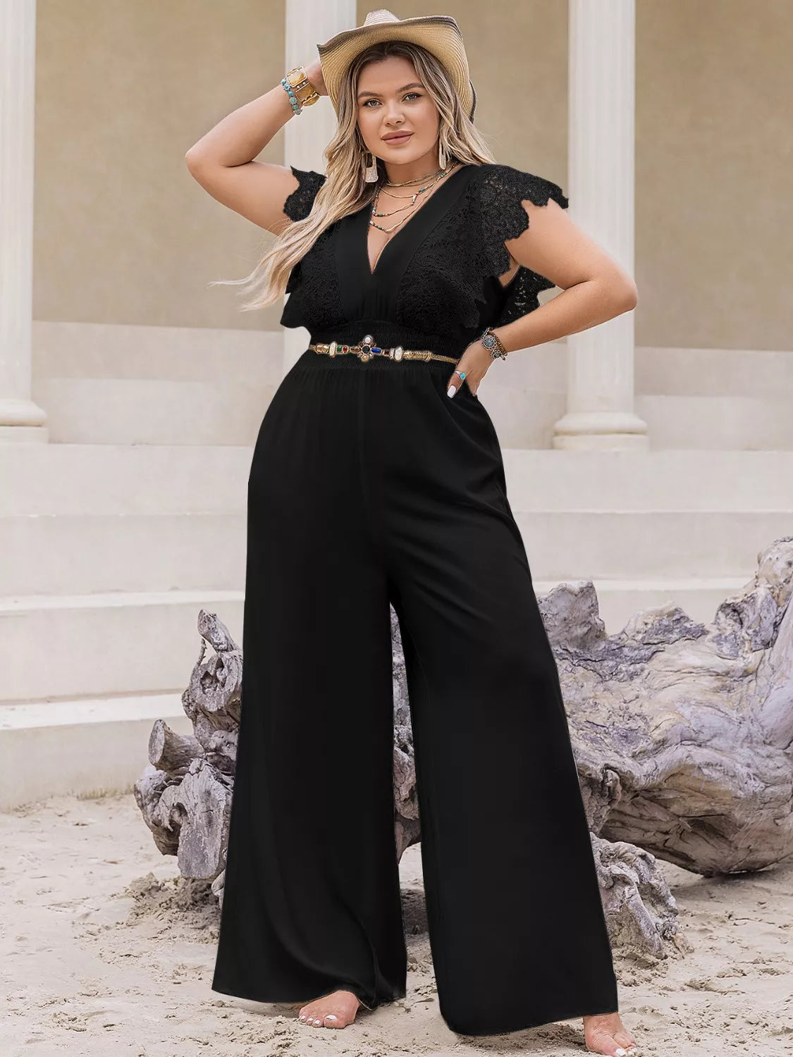 Plus Size Lace Cap Sleeve Wide Leg Jumpsuit nicholesgifts