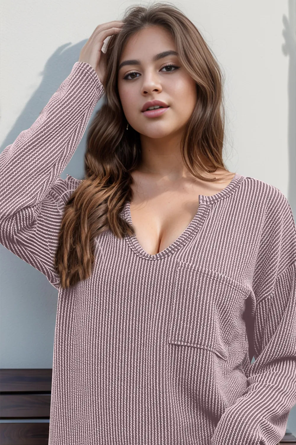 Double Take Striped Notched Long Sleeve T-Shirt NicholesGifts