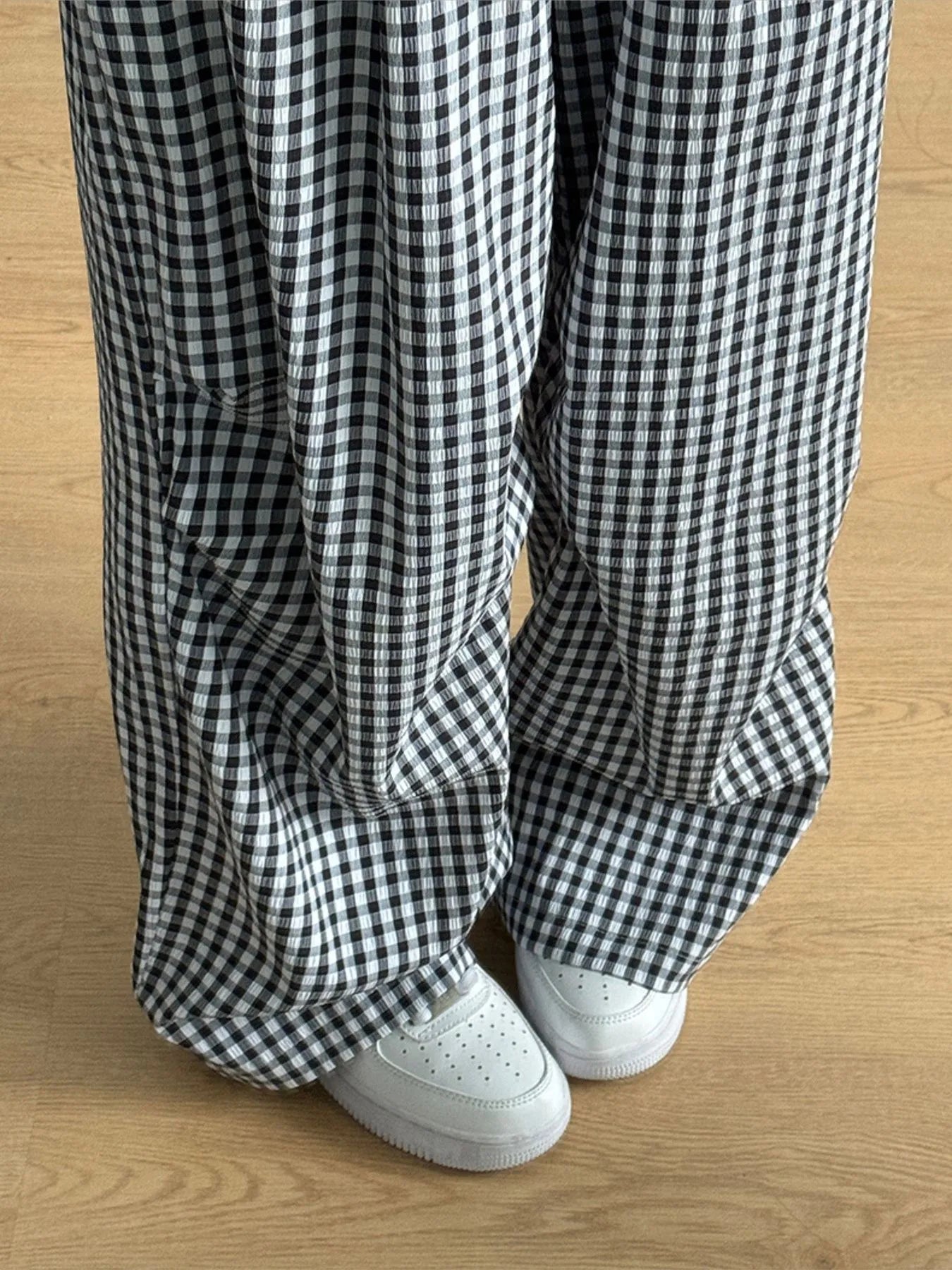 Gingham Check Wide Leg Casual Pants Trendsi