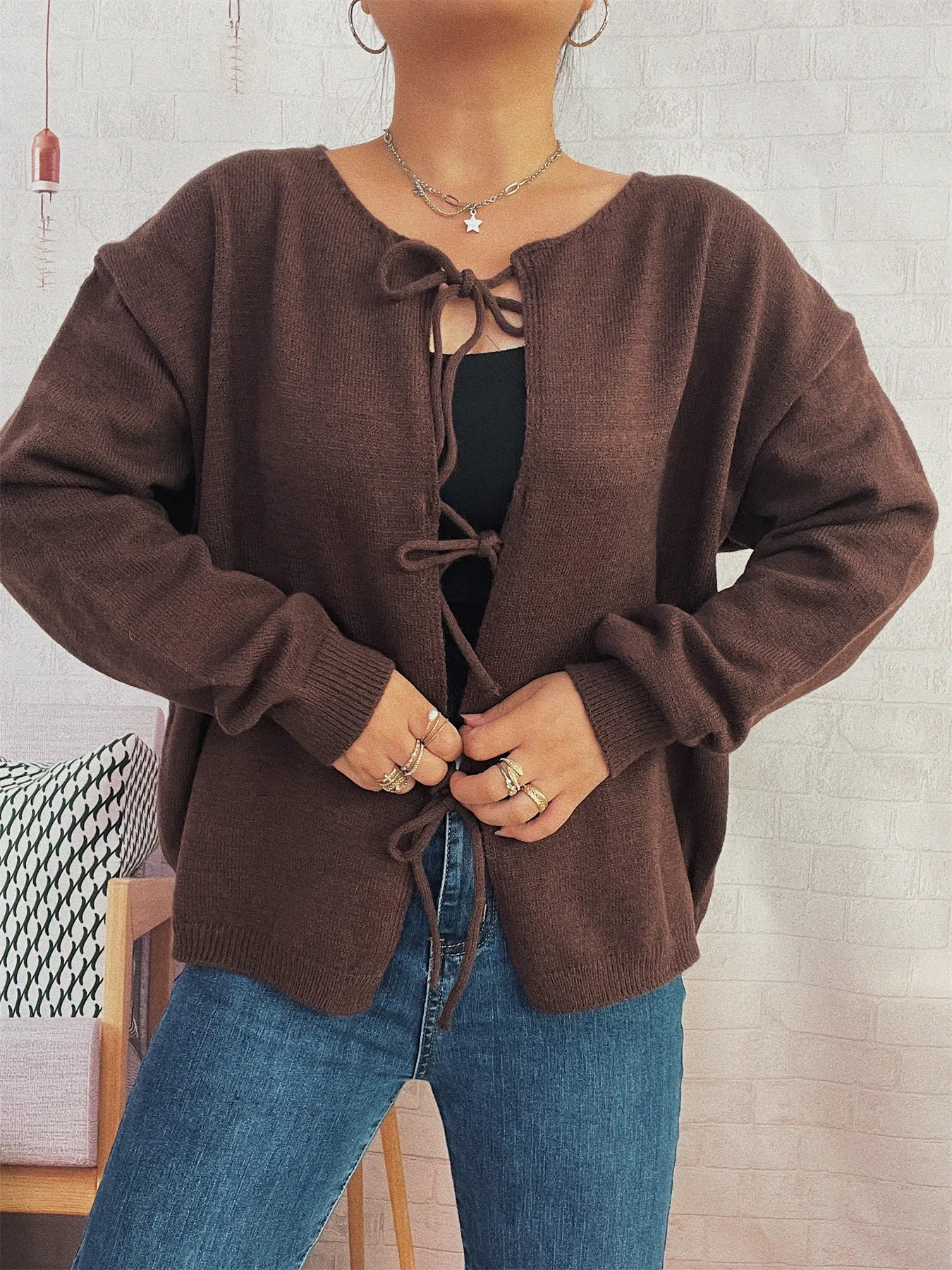 Tie Front Drop Shoulder Cardigan Trendsi