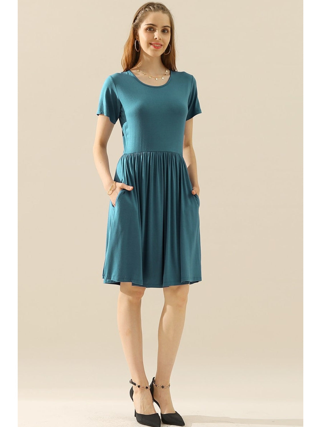 Ninexis Full Size Round Neck Ruched Dress with Pockets nicholesgifts