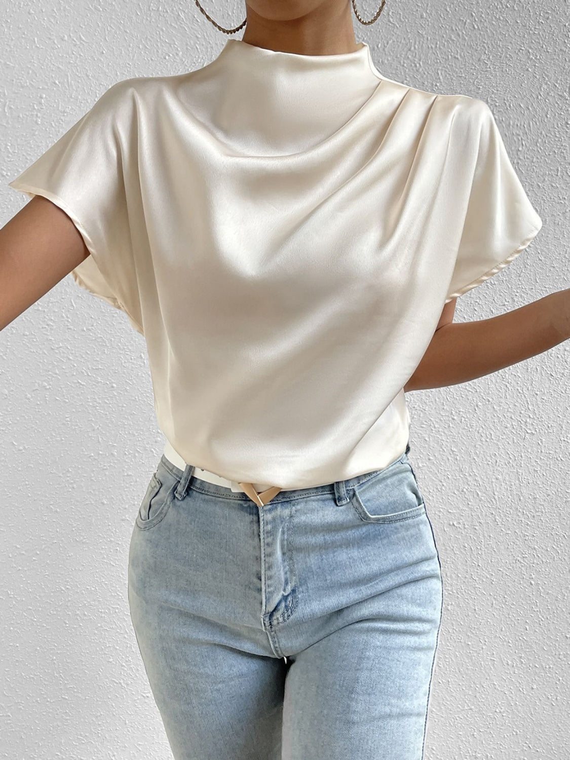 Women Ruched Mock Neck Short Sleeve Blouse nicholesgifts