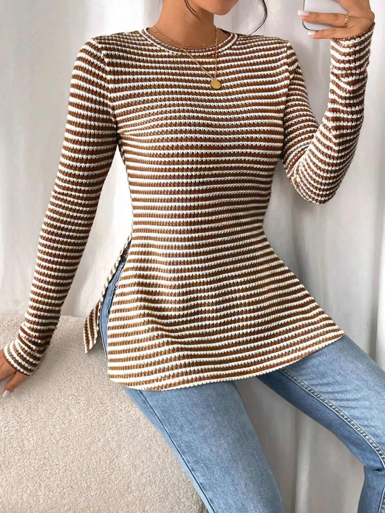 Side Slit Striped Long Sleeve T-Shirt
