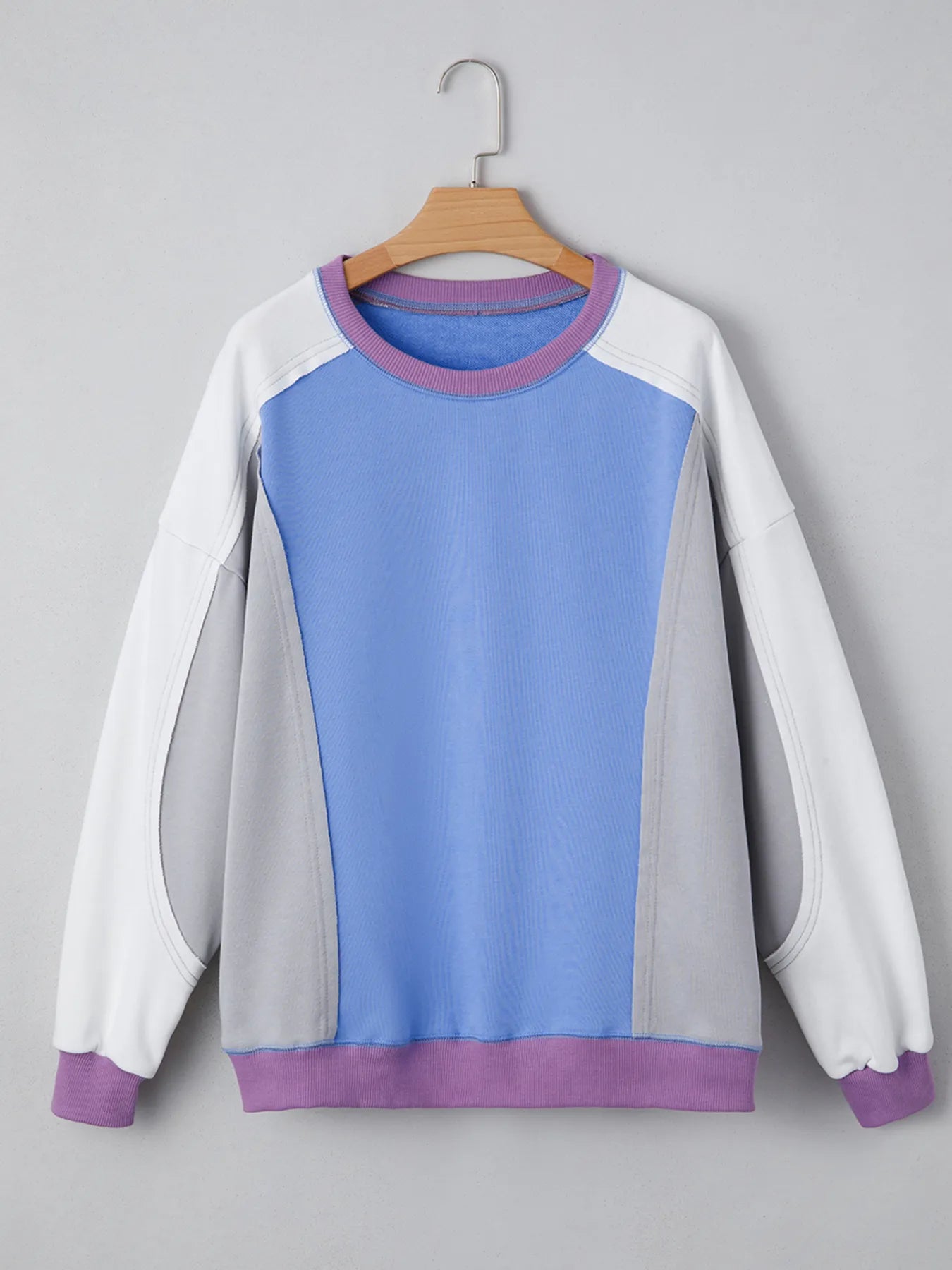 Exposed Seam Colorblock Patchwork Ribbed Trim Sweatshirt