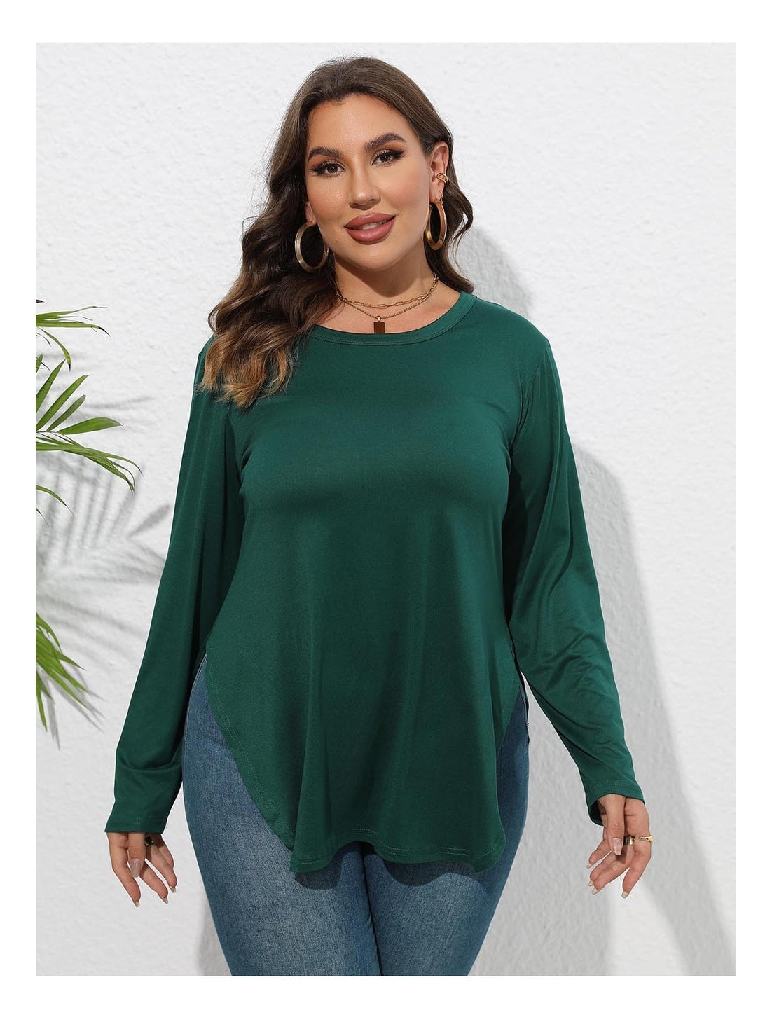 Women Plus Size Round Neck Long Sleeve Slit T-Shirt nicholesgifts