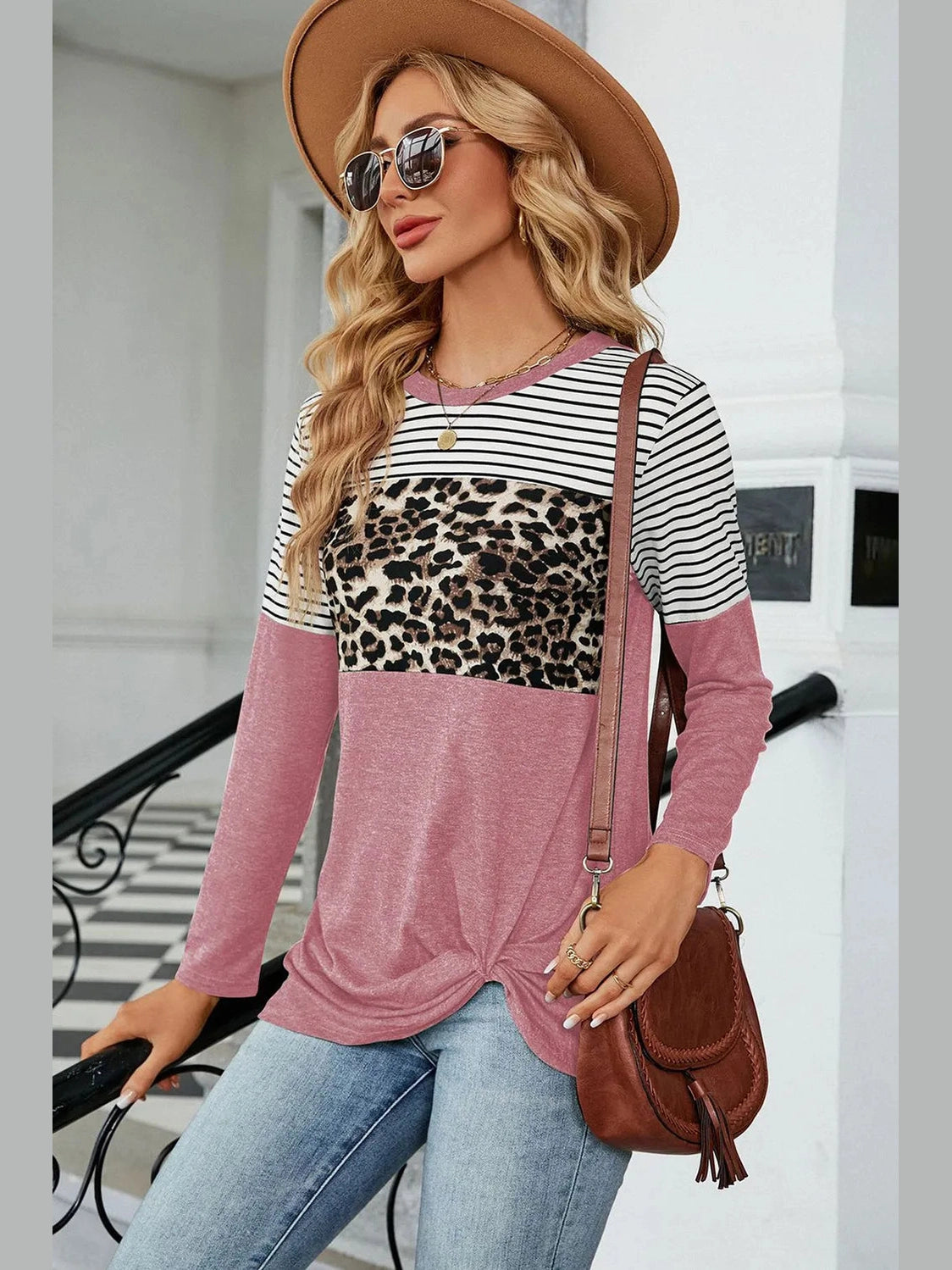 Leopard Striped Round Neck T-Shirt NicholesGifts