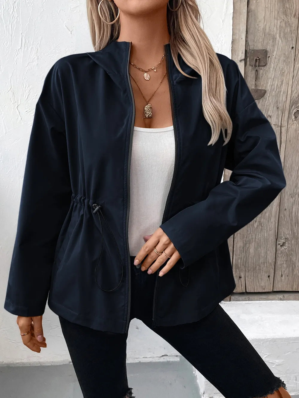 Ivy Lane Drawstring Zip Up Hooded Jacket nicholesgifts