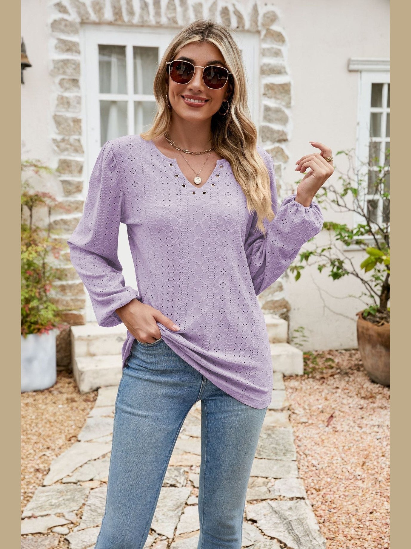 Eyelet Notched Neck Balloon Sleeve Blouse