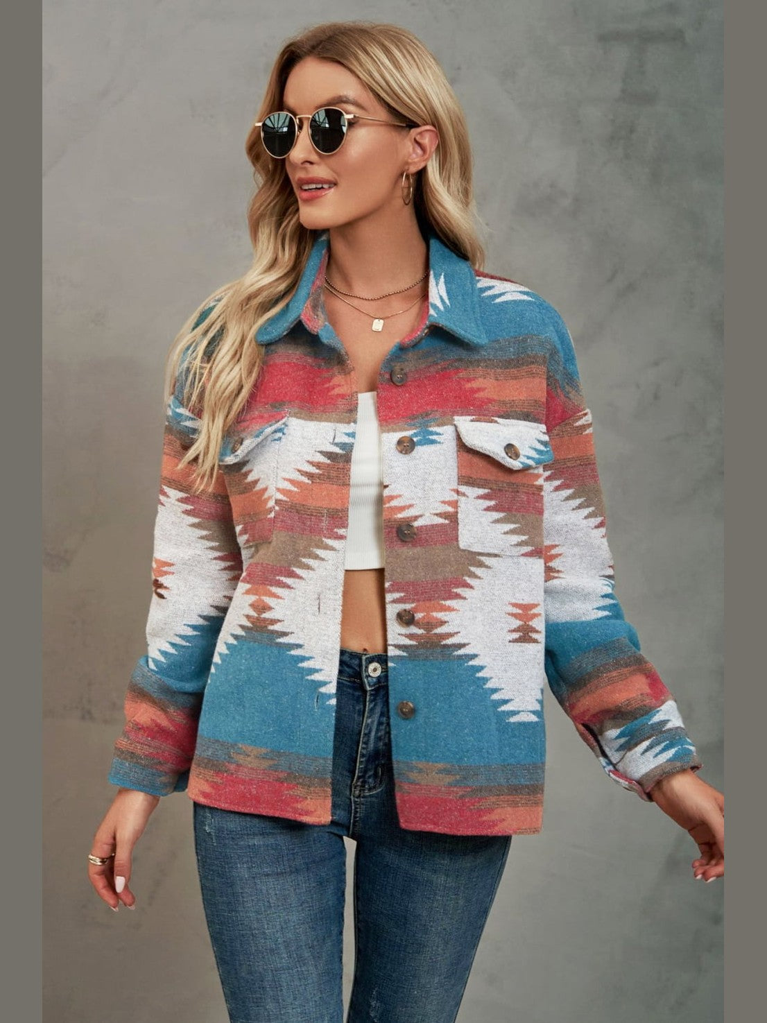 Printed Collared Neck Jacket nicholesgifts