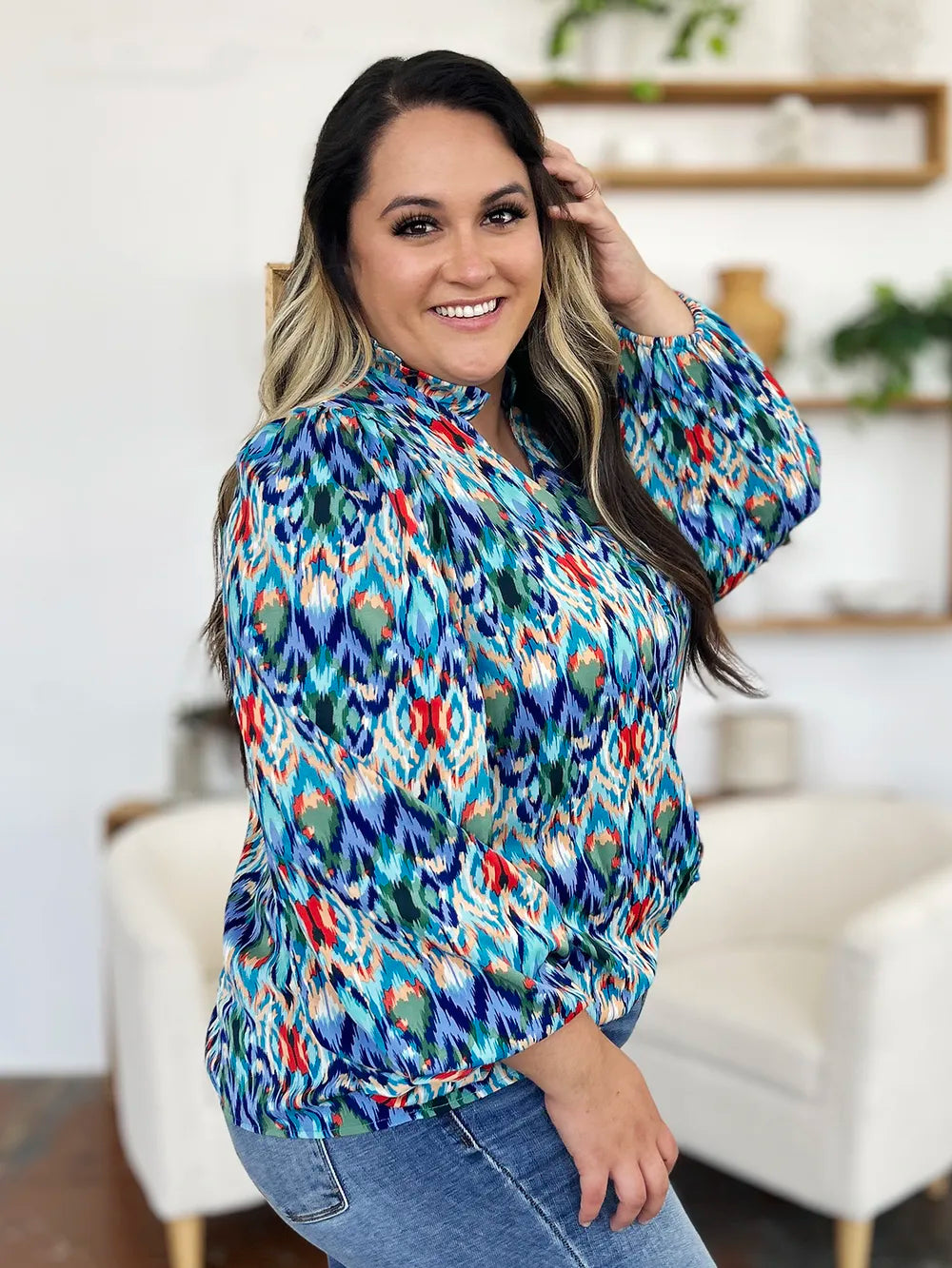 Double Take Full Size Printed Balloon Sleeve Blouse nicholesgifts