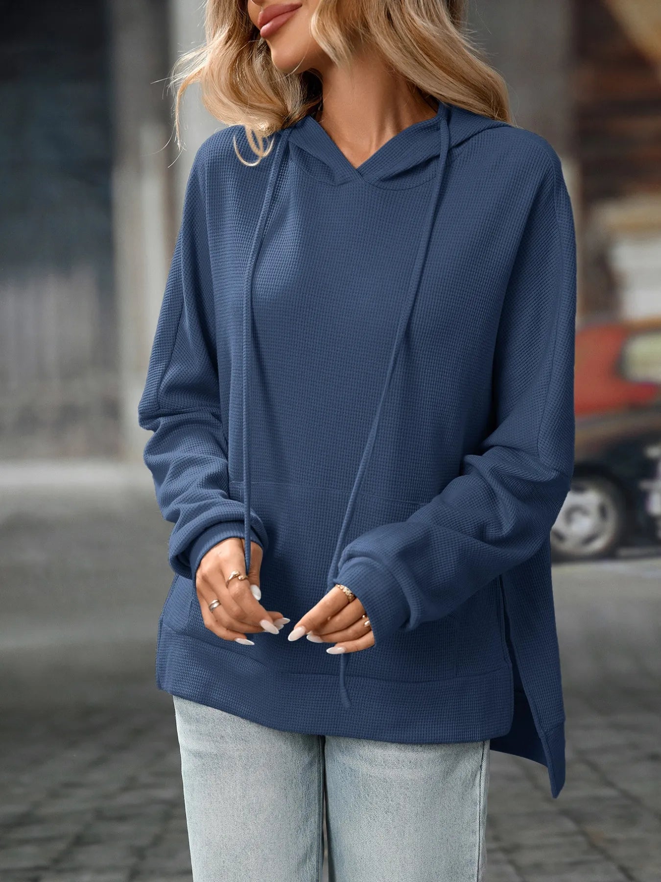 Textured Drawstring Long Sleeve Hoodie