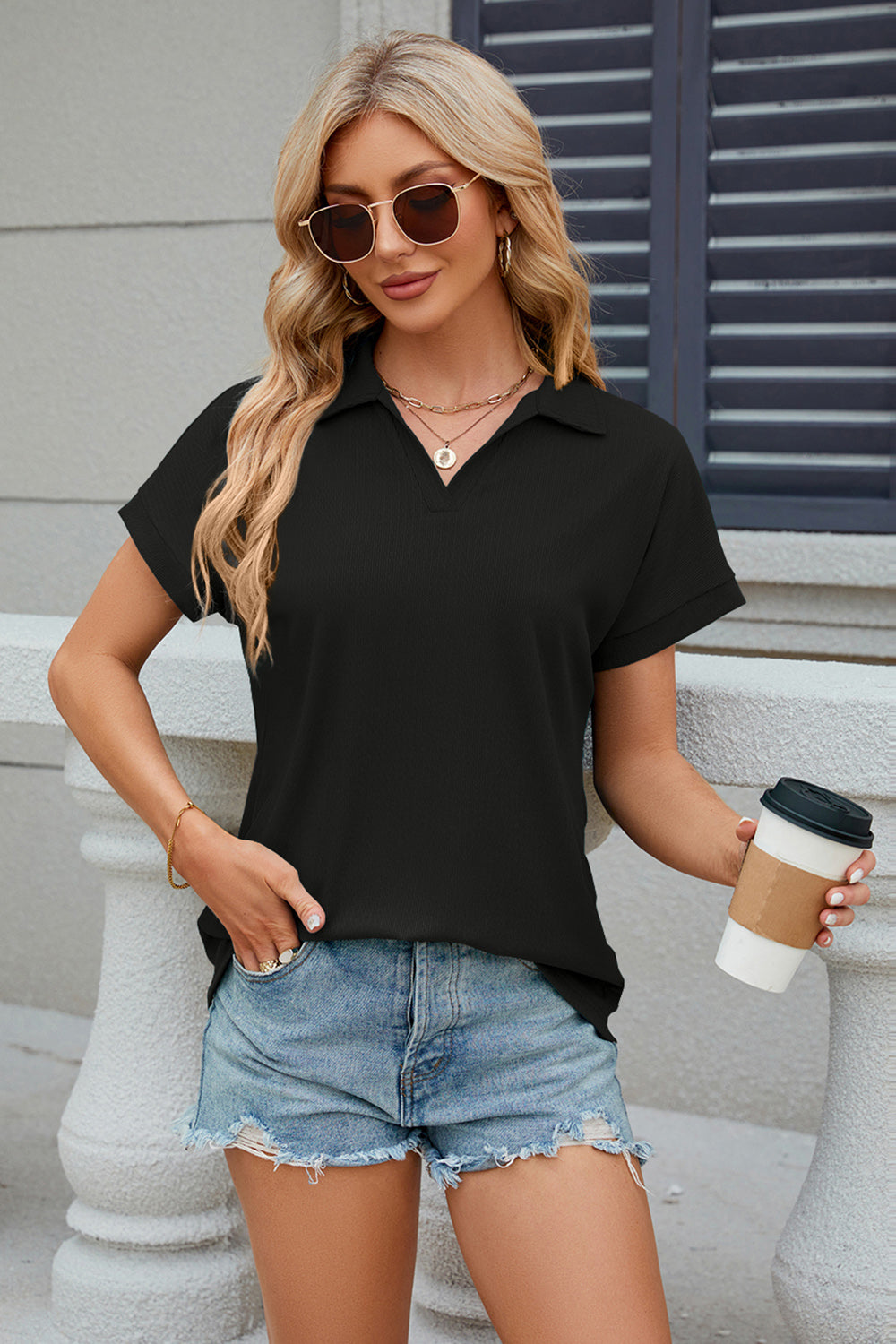 Johnny Collar Short Sleeve Blouse nicholesgifts