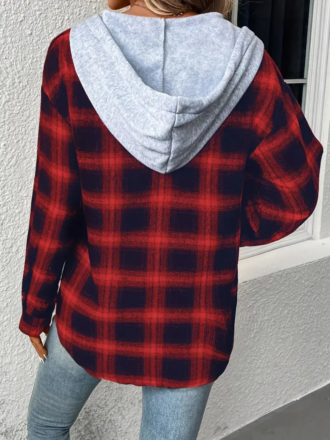 Plaid Drawstring Button Up Hooded Jacket nicholesgifts