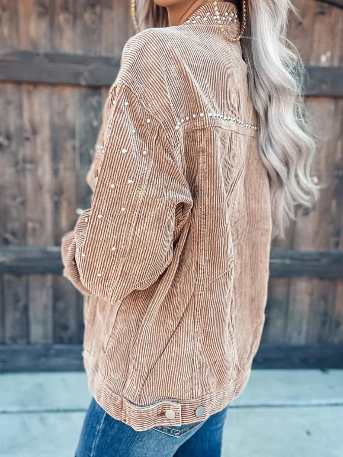Studded Collared Neck Button Down Jacket nicholesgifts