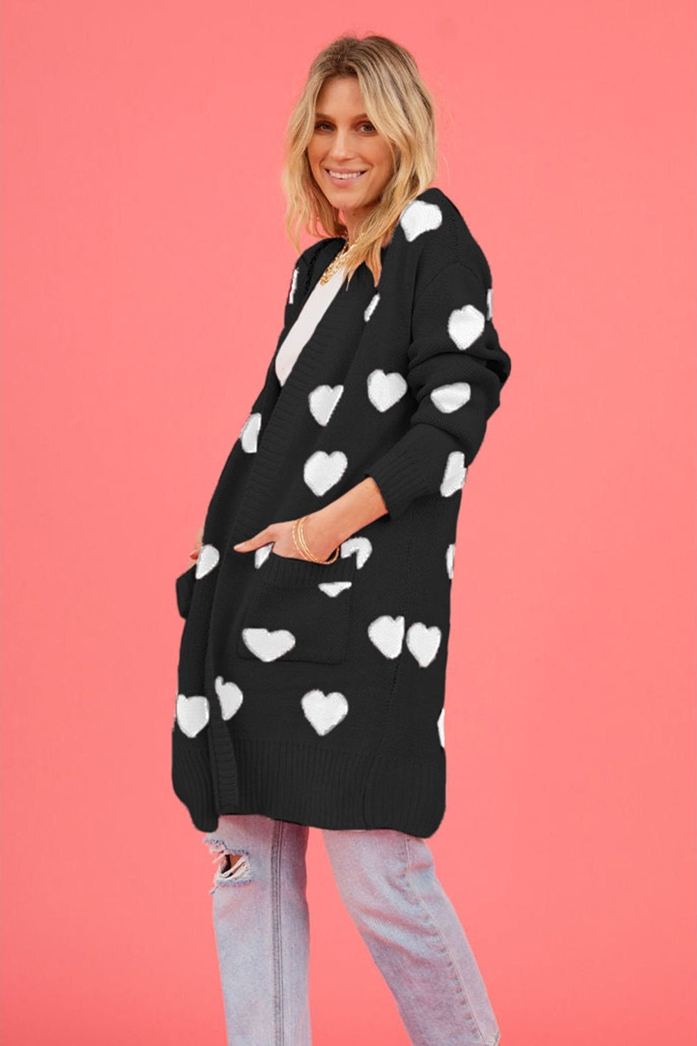 Heart Graphic Open Front Cardigan with Pockets nicholesgifts