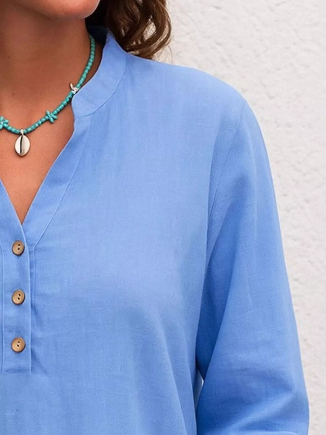 Full Size Button Detail Notched Long Sleeve Blouse Plus Size Trendsi