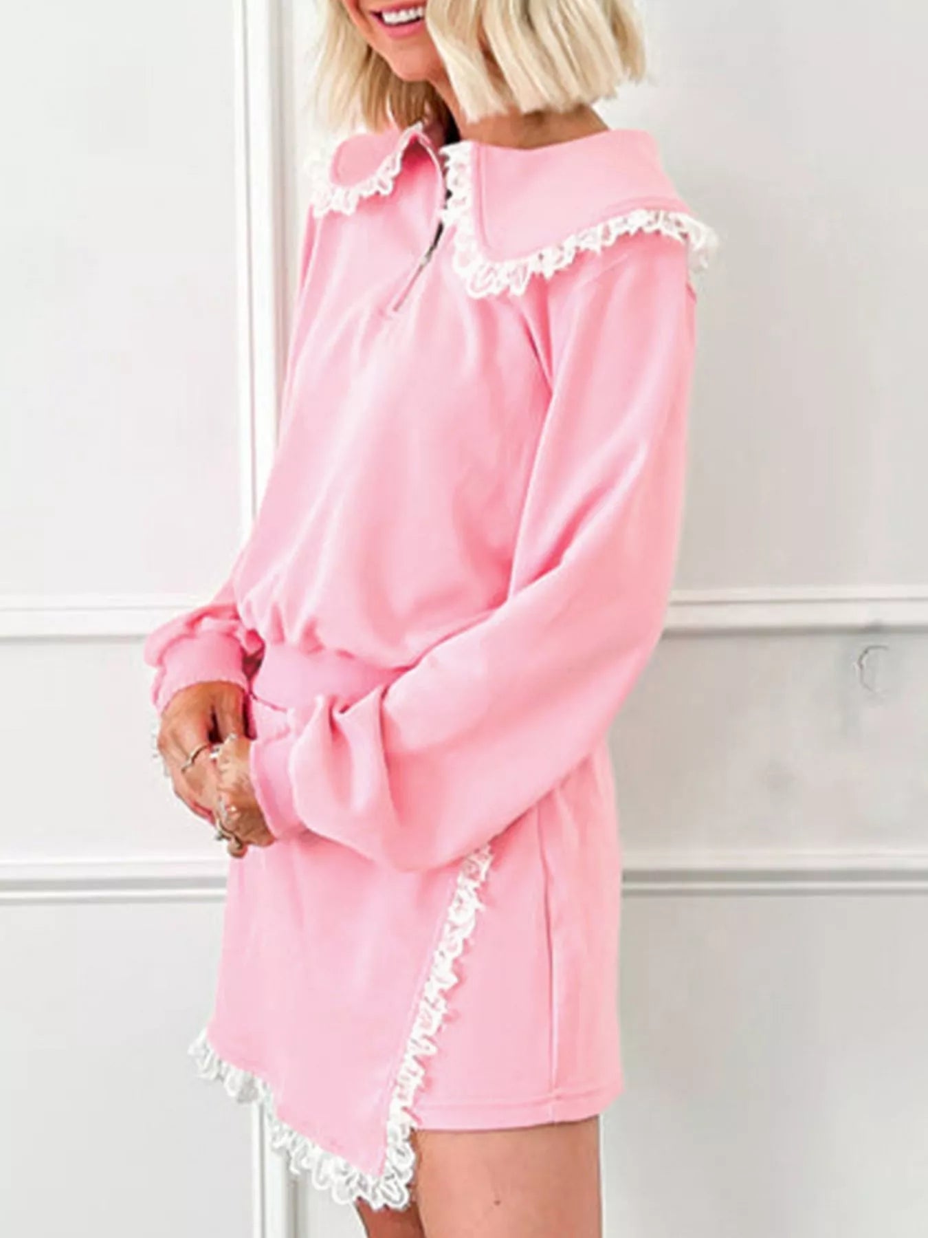 Peter Pan Lace Embellished Neck Sweatshirt and Skirt Two Piece Set NicholesGifts