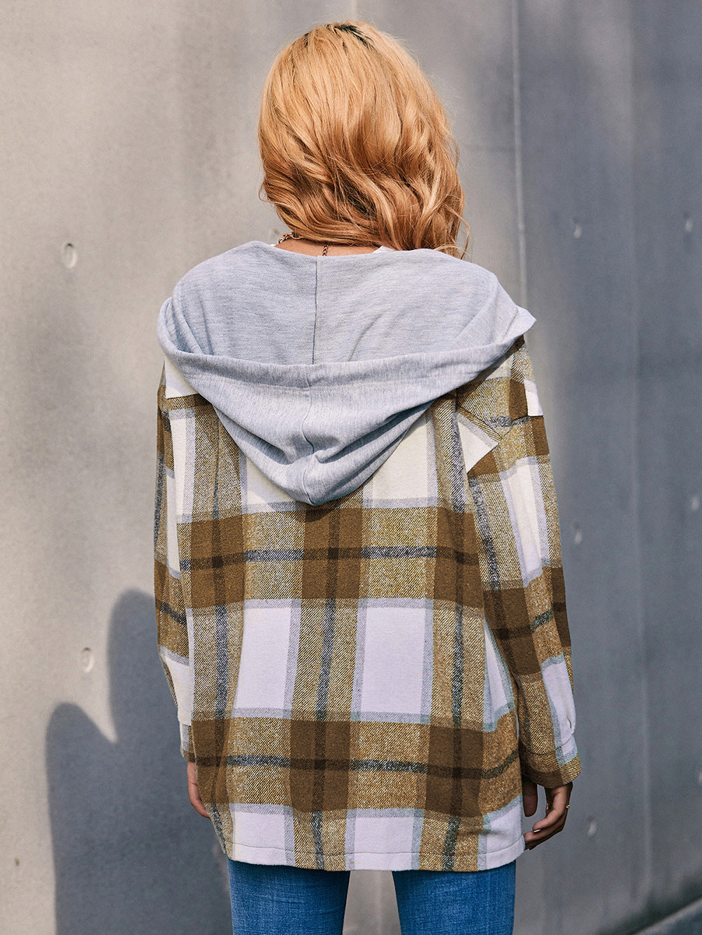 Women Ivy Lane Plaid Dropped Shoulder Hooded Jacket nicholesgifts