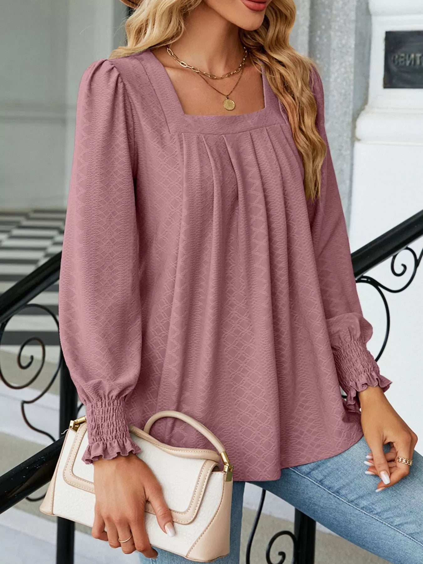 Pleated Square Neck Long Sleeve Top Trendsi