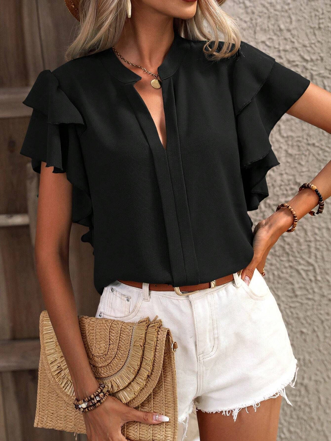 Ruffled Notched Short Sleeve Blouse nicholesgifts