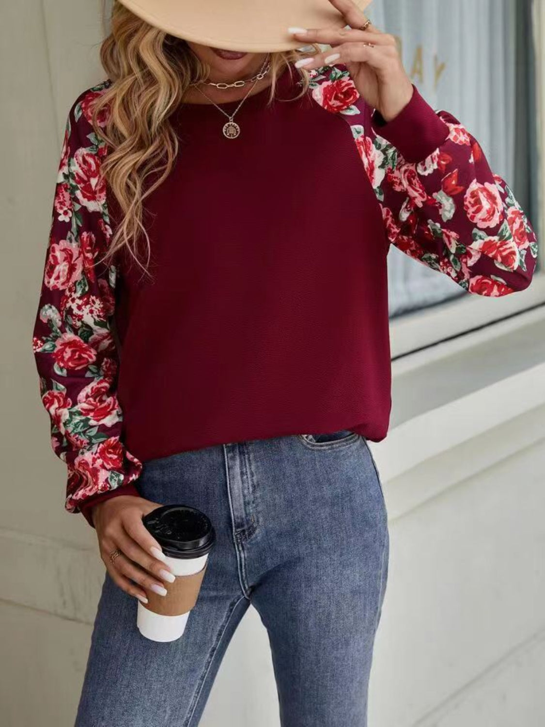 Women Floral Raglan Sleeve Round Neck Sweatshirt nicholesgifts