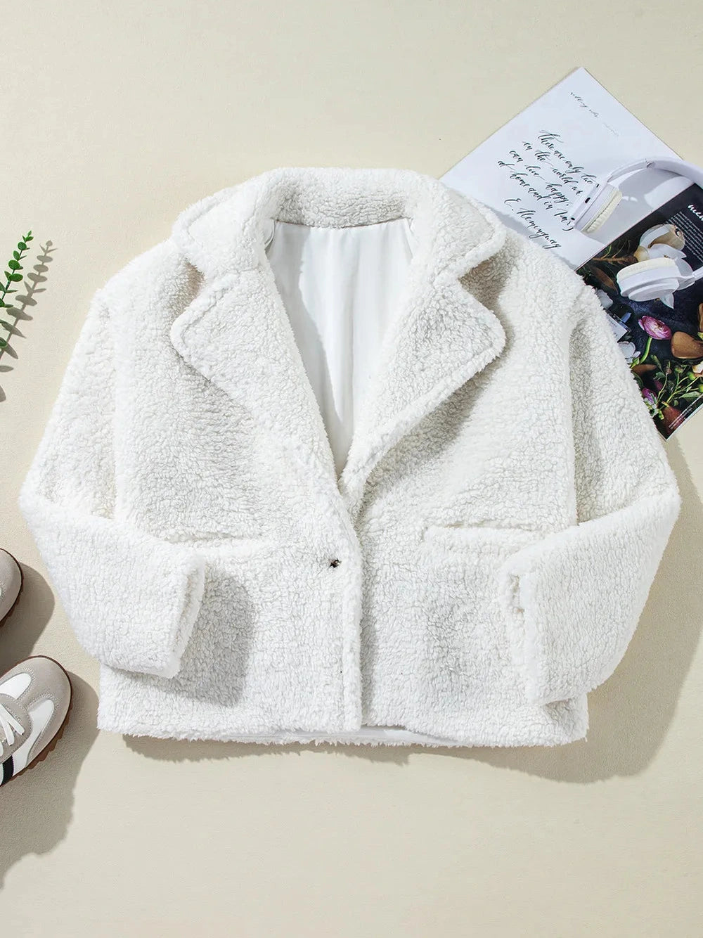 Fuzzy One Button Long Sleeve Jacket nicholesgifts