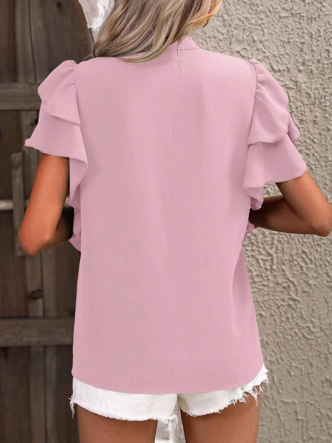 Ruffled Notched Short Sleeve Blouse nicholesgifts