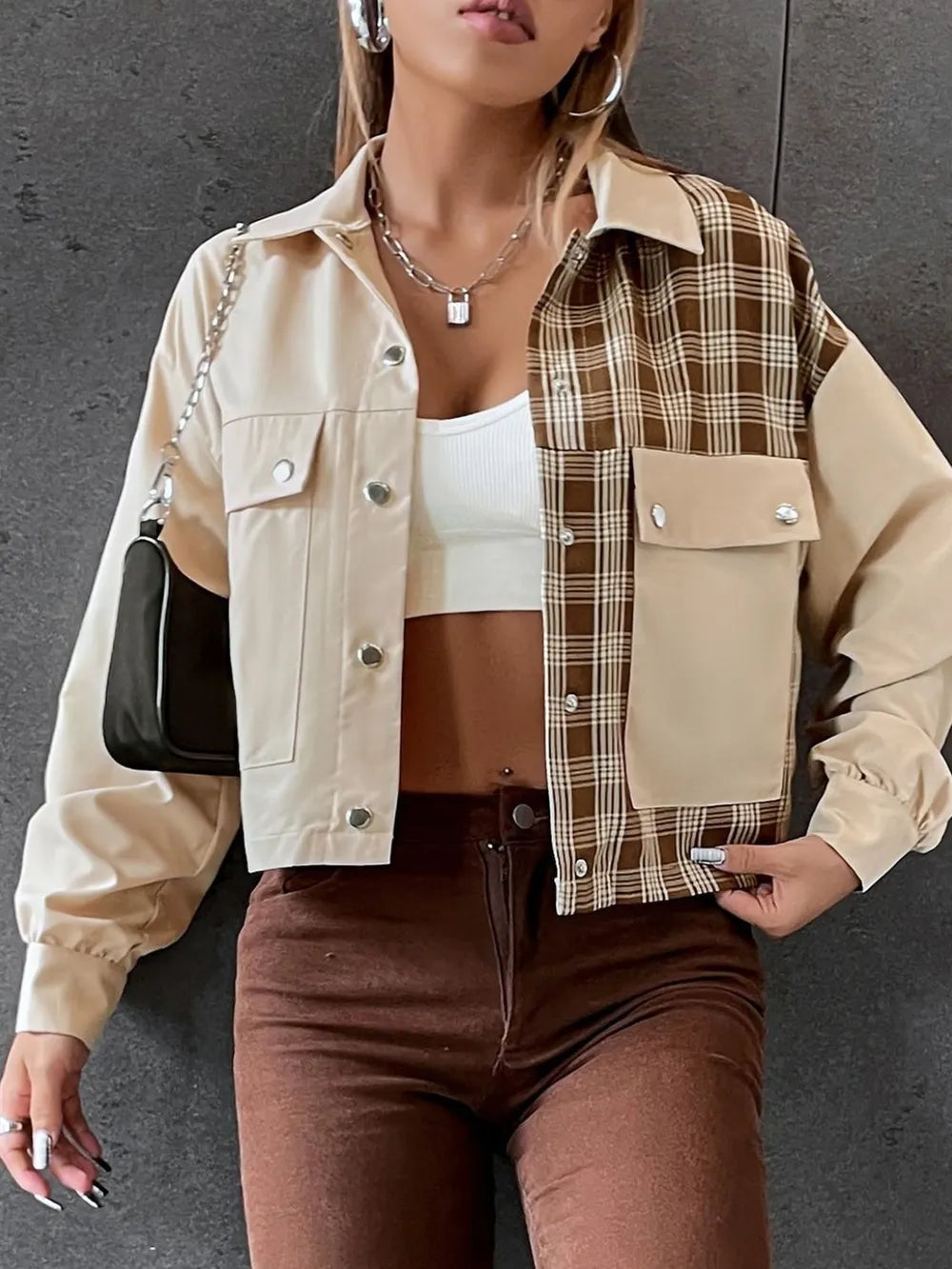 Snap Down Color Block Plaid Jacket Trendsi