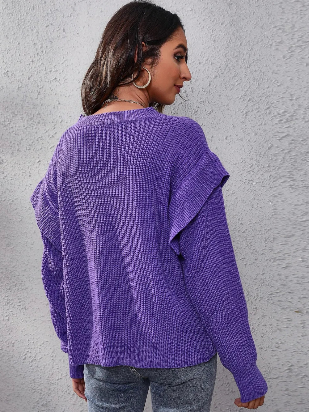 Ruffled Round Neck Dropped Shoulder Sweater Trendsi