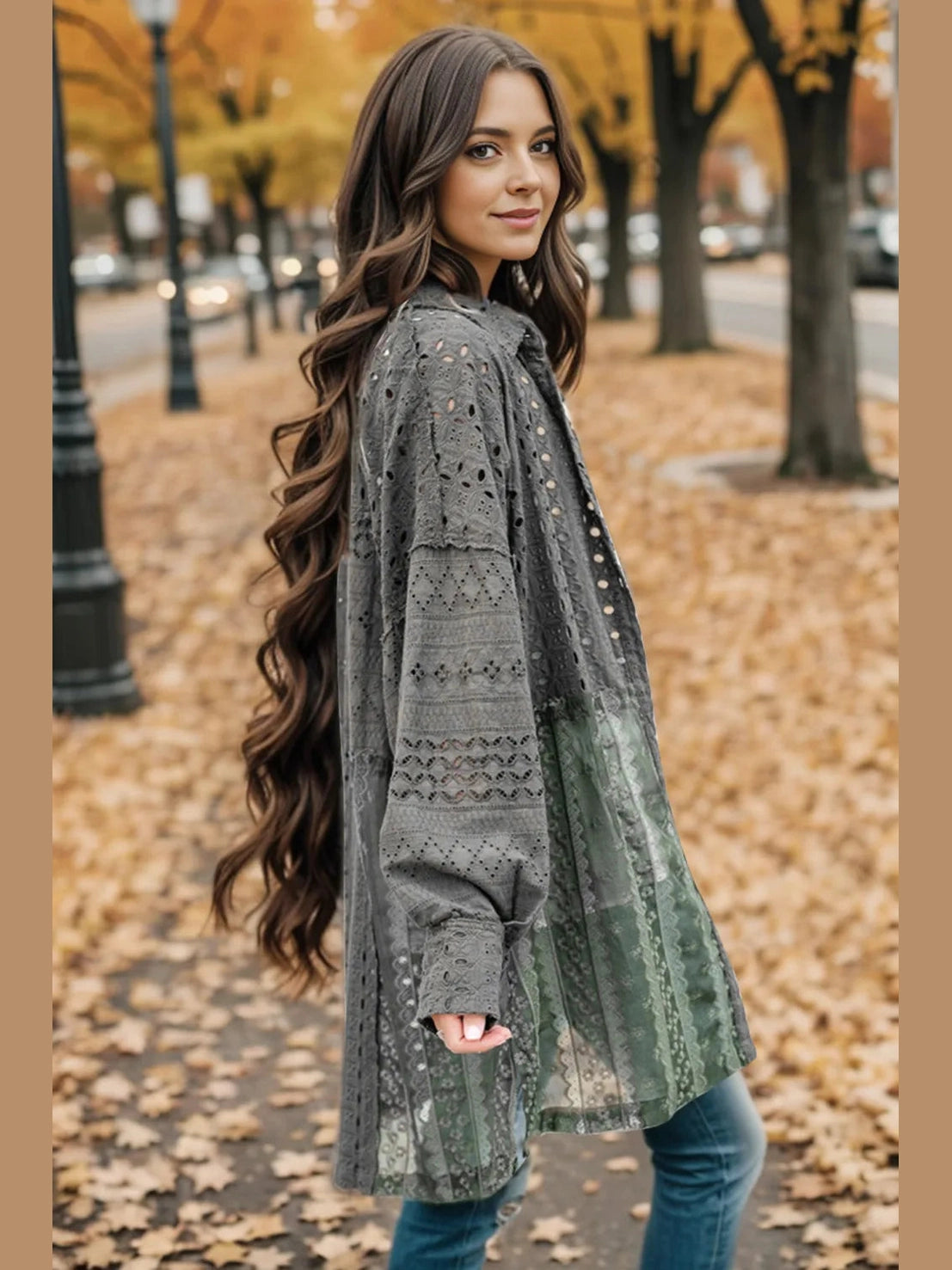 Openwork Button Up Long Sleeve Shacket nicholesgifts
