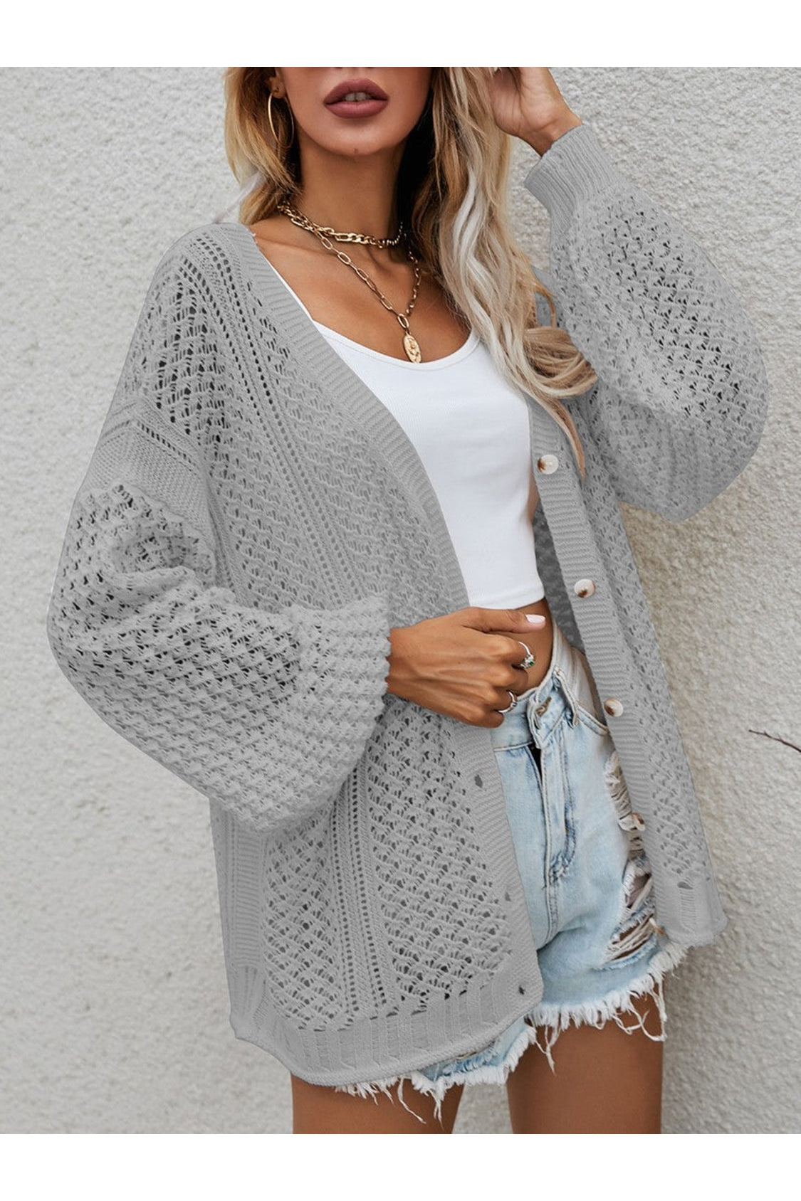 Openwork Button Front Cardigan nicholesgifts