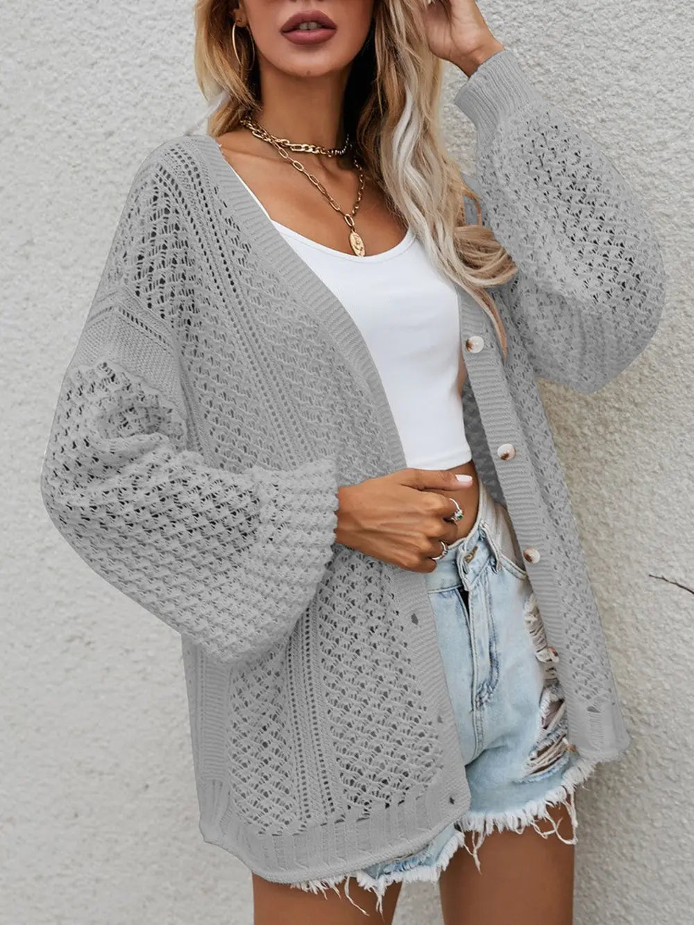 Openwork Button Front Cardigan nicholesgifts