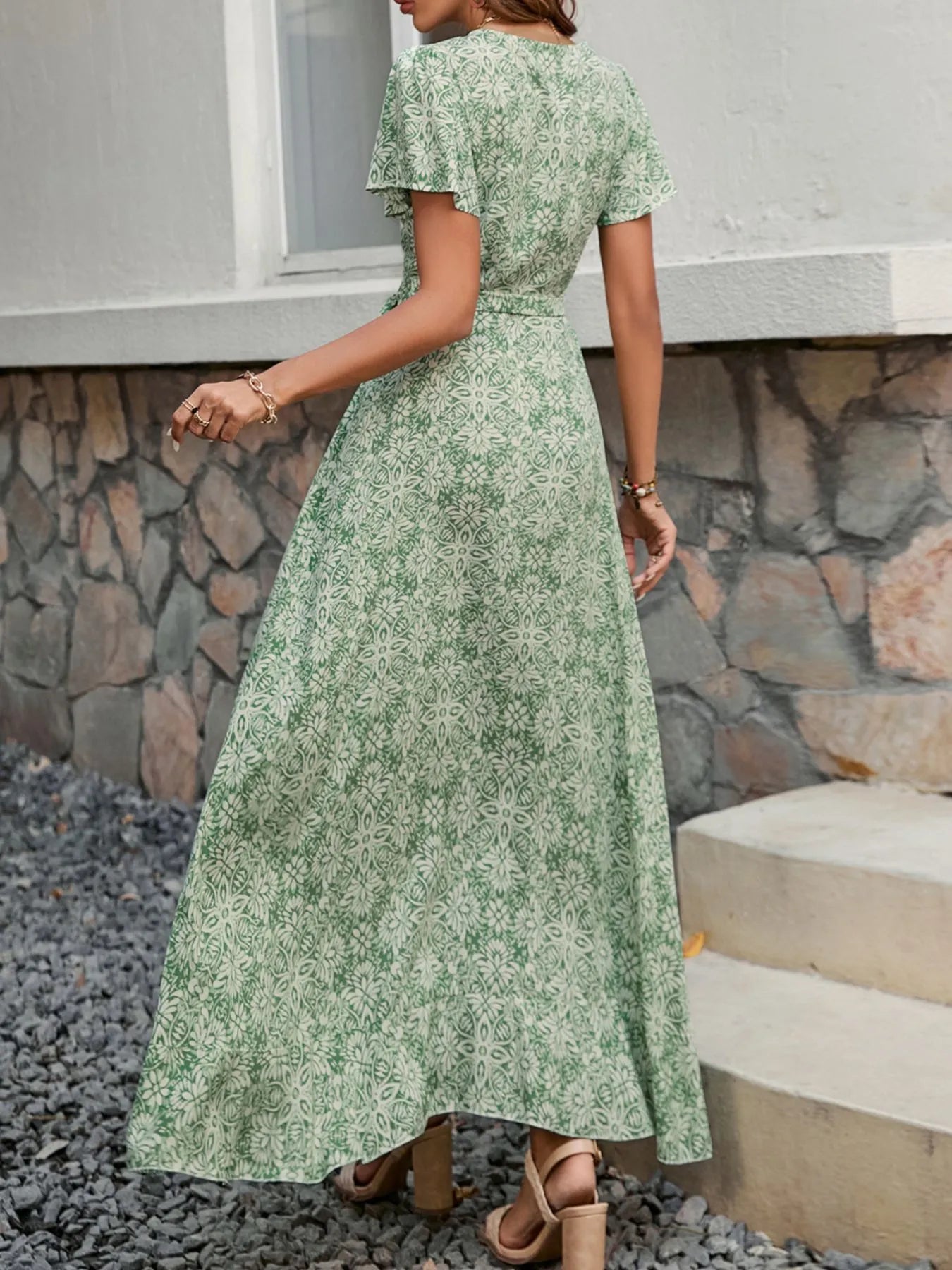 Printed Surplice Maxi Dress with Flutter Sleeves NicholesGifts