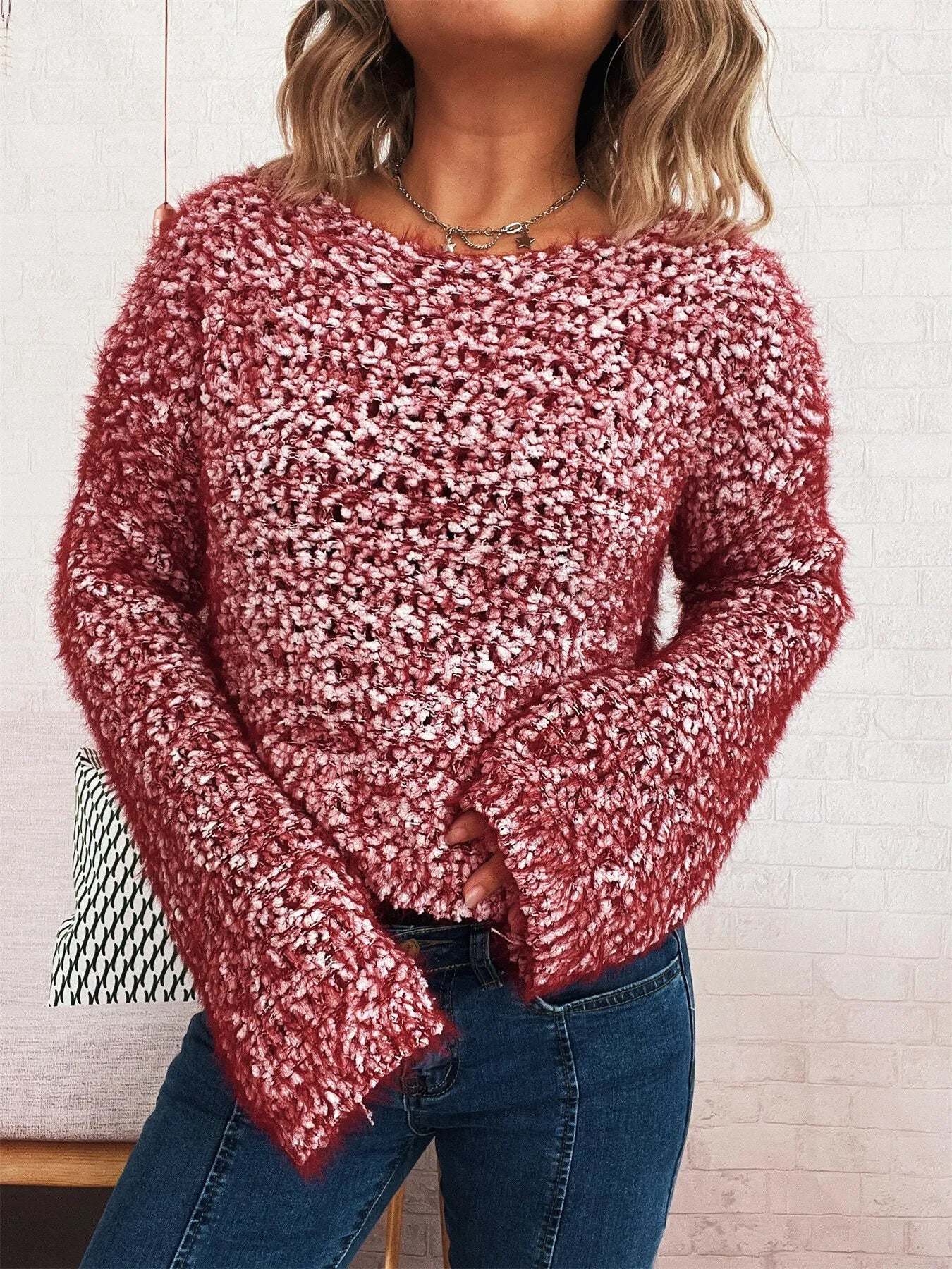 Crochet Round Neck Dropped Shoulder Sweater