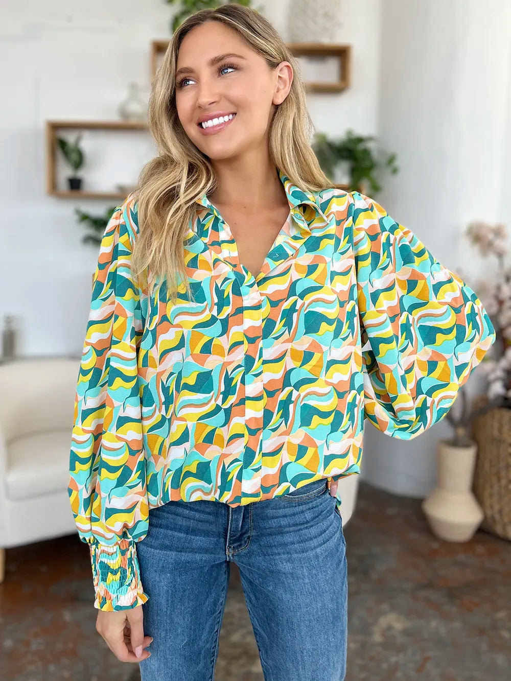 Double Take Full Size Printed Smocked Long Sleeve Blouse nicholesgifts