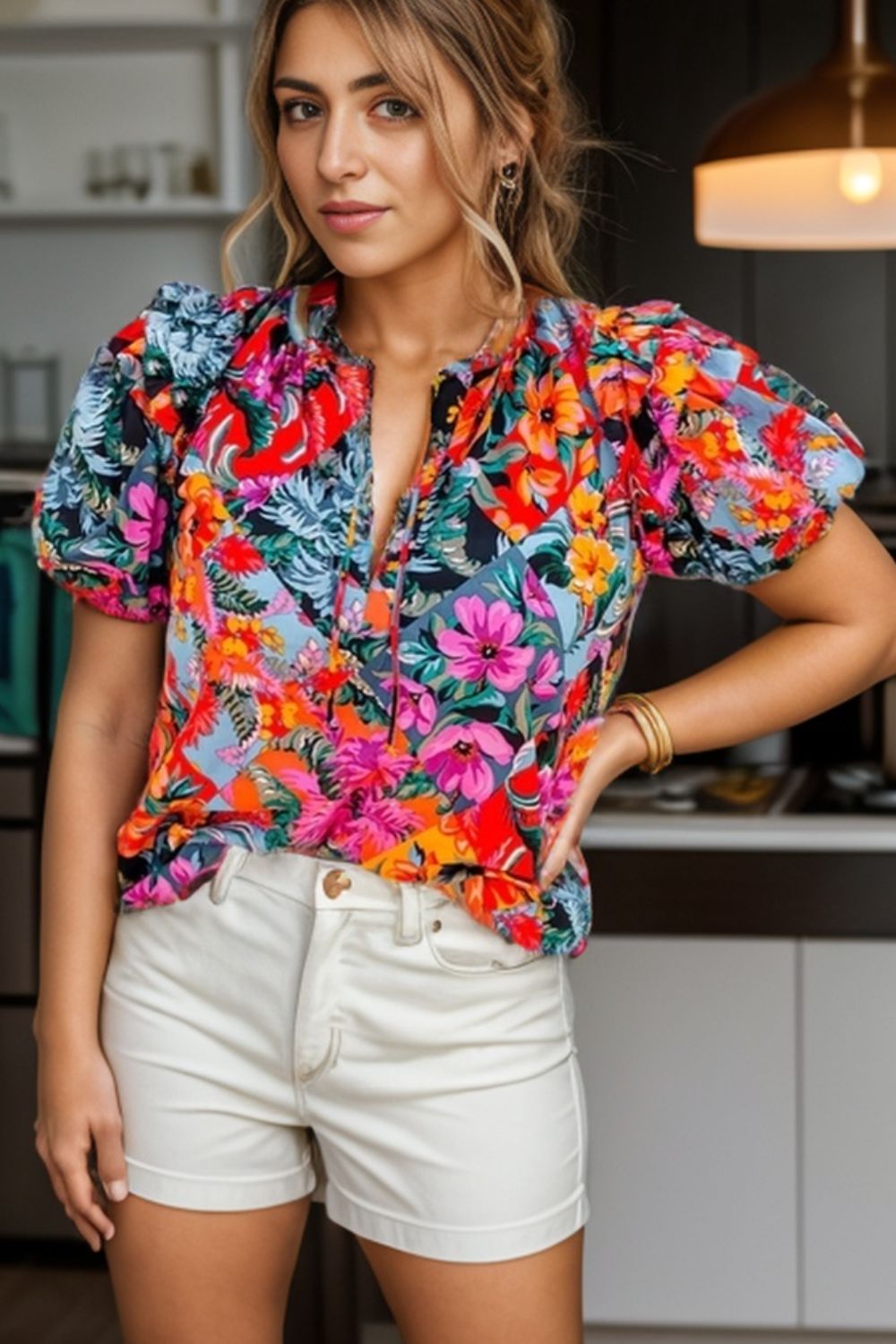 Ruffled Printed Tie Neck Short Sleeve Blouse nicholesgifts