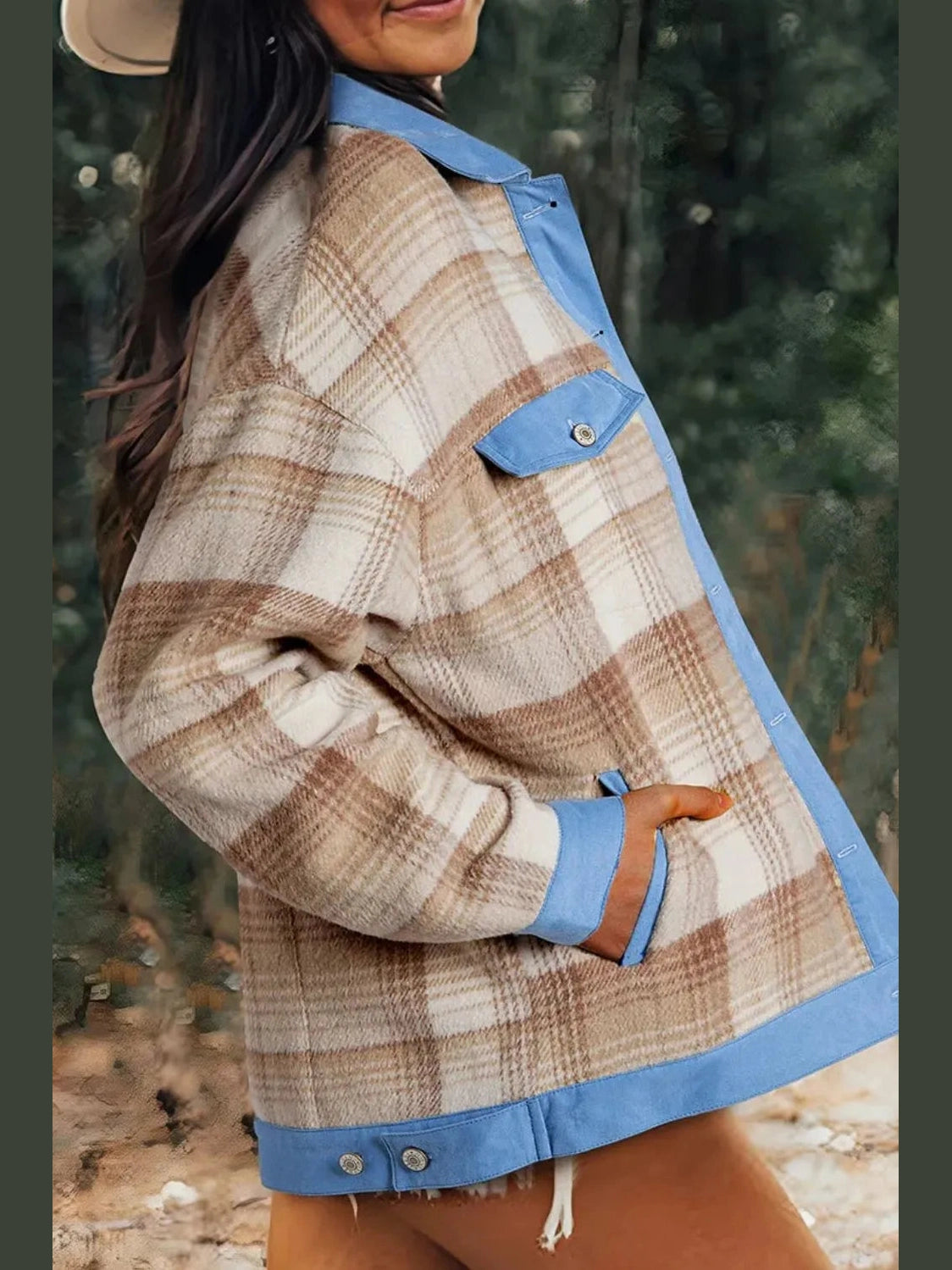 Contrast Trim Plaid Collared Neck Shacket