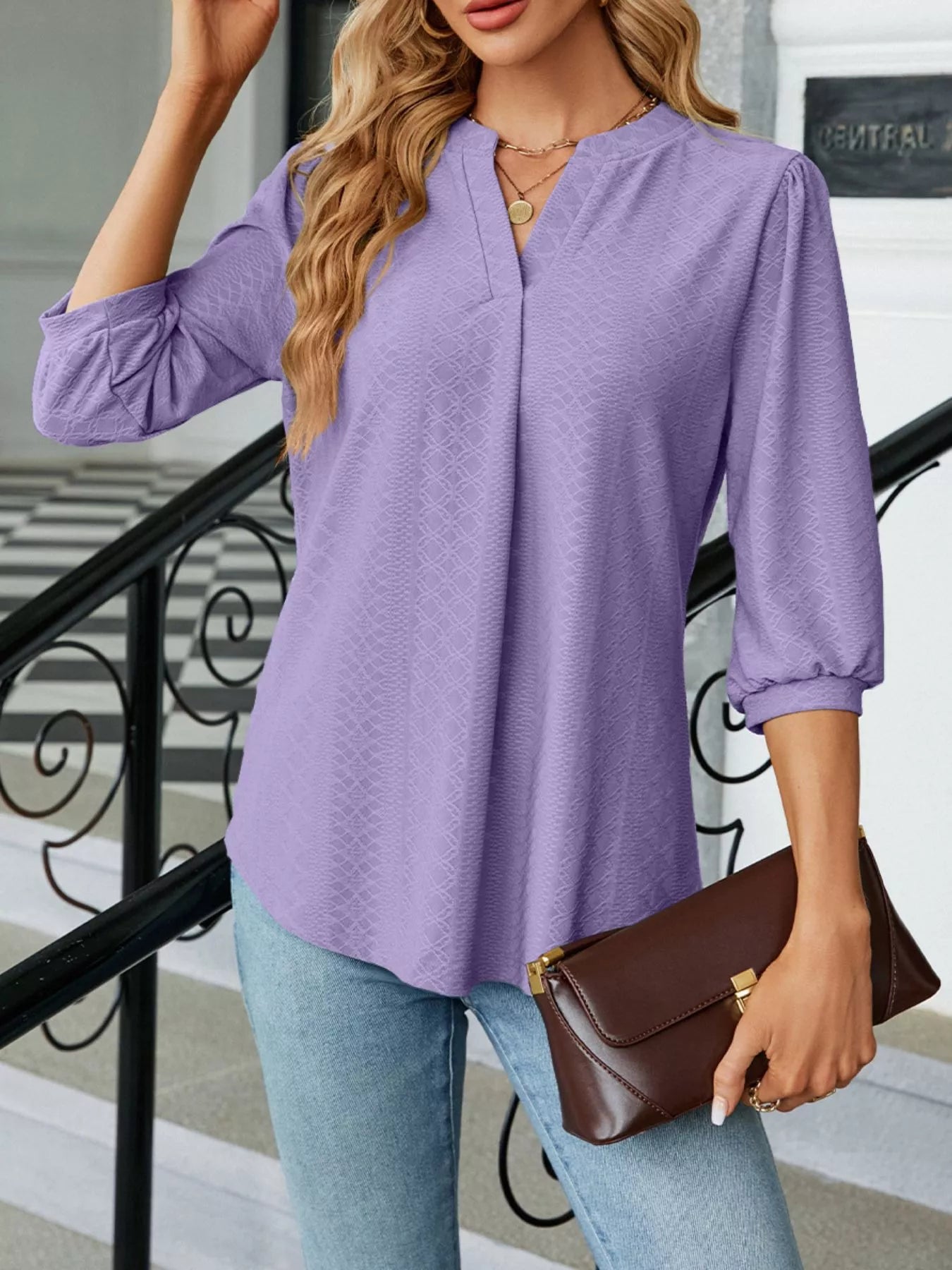 Notched 3/4 Sleeve Casual Top Trendsi