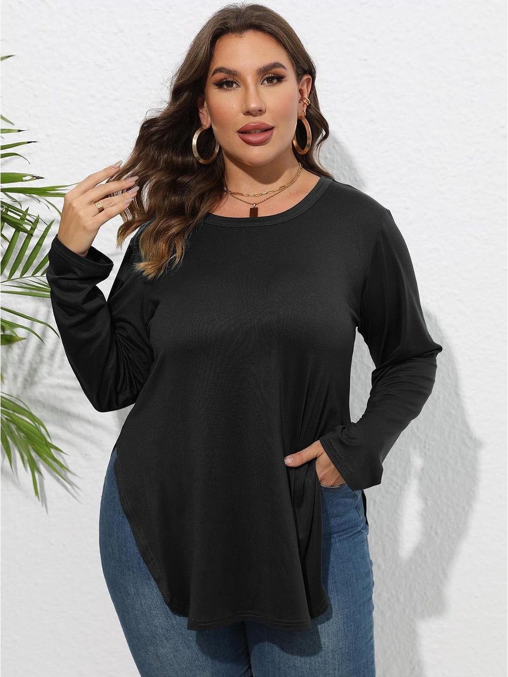 Women Plus Size Round Neck Long Sleeve Slit T-Shirt nicholesgifts